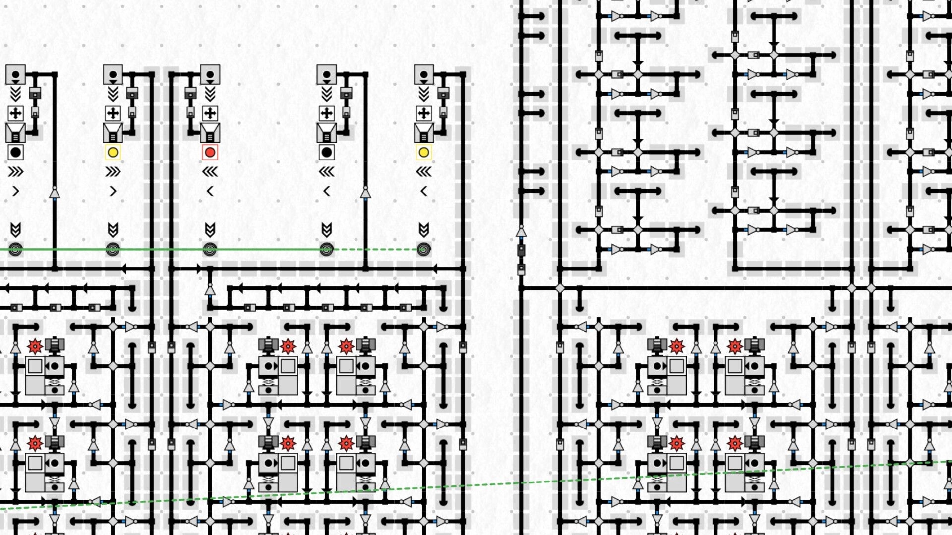 marblebuilds: Complex grid of logic gates and conveyor tracks on a white dotted blueprint canvas.