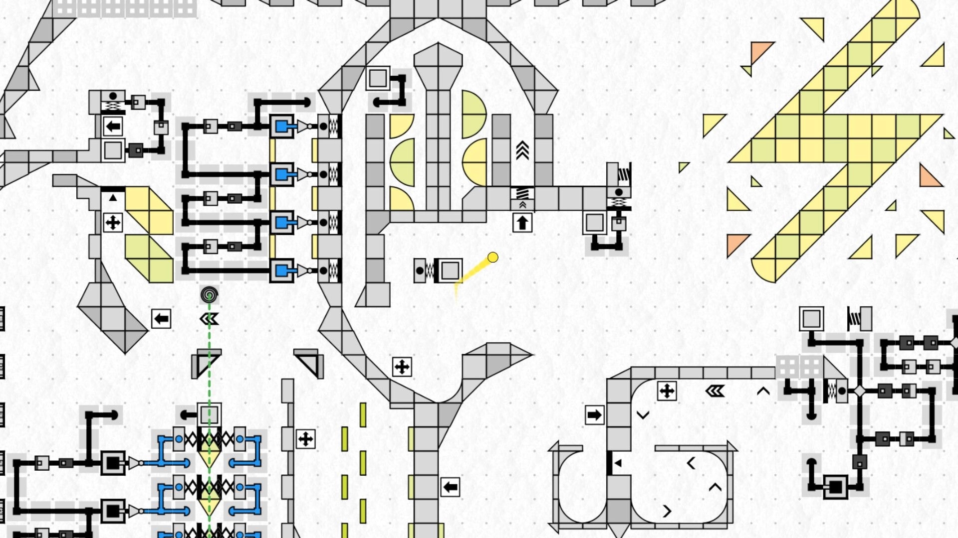 marblebuilds: complex marble circuit with gates and arrows on a grid, yellow lightning block art nearby.