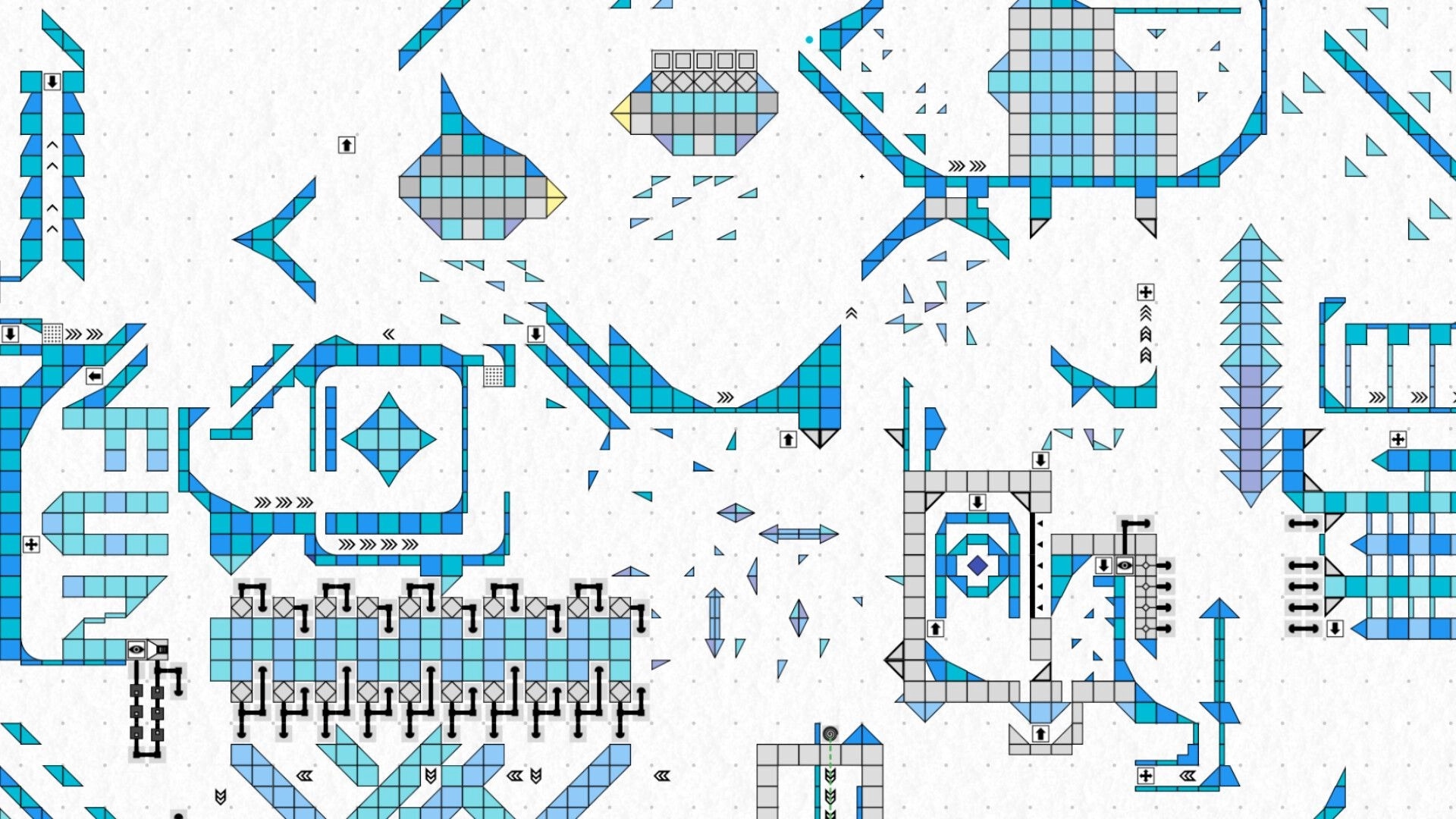 marblebuilds: complex marble track layout with arrows and gates on an infinite grid editor view.