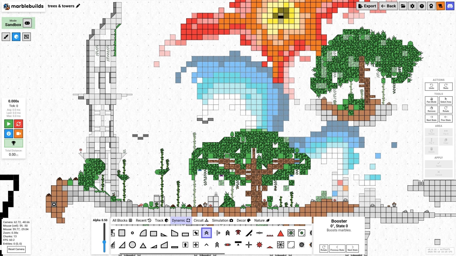 marblebuilds: Sandbox editor with pixel art trees and towers on grid, tools panels and block palette open.