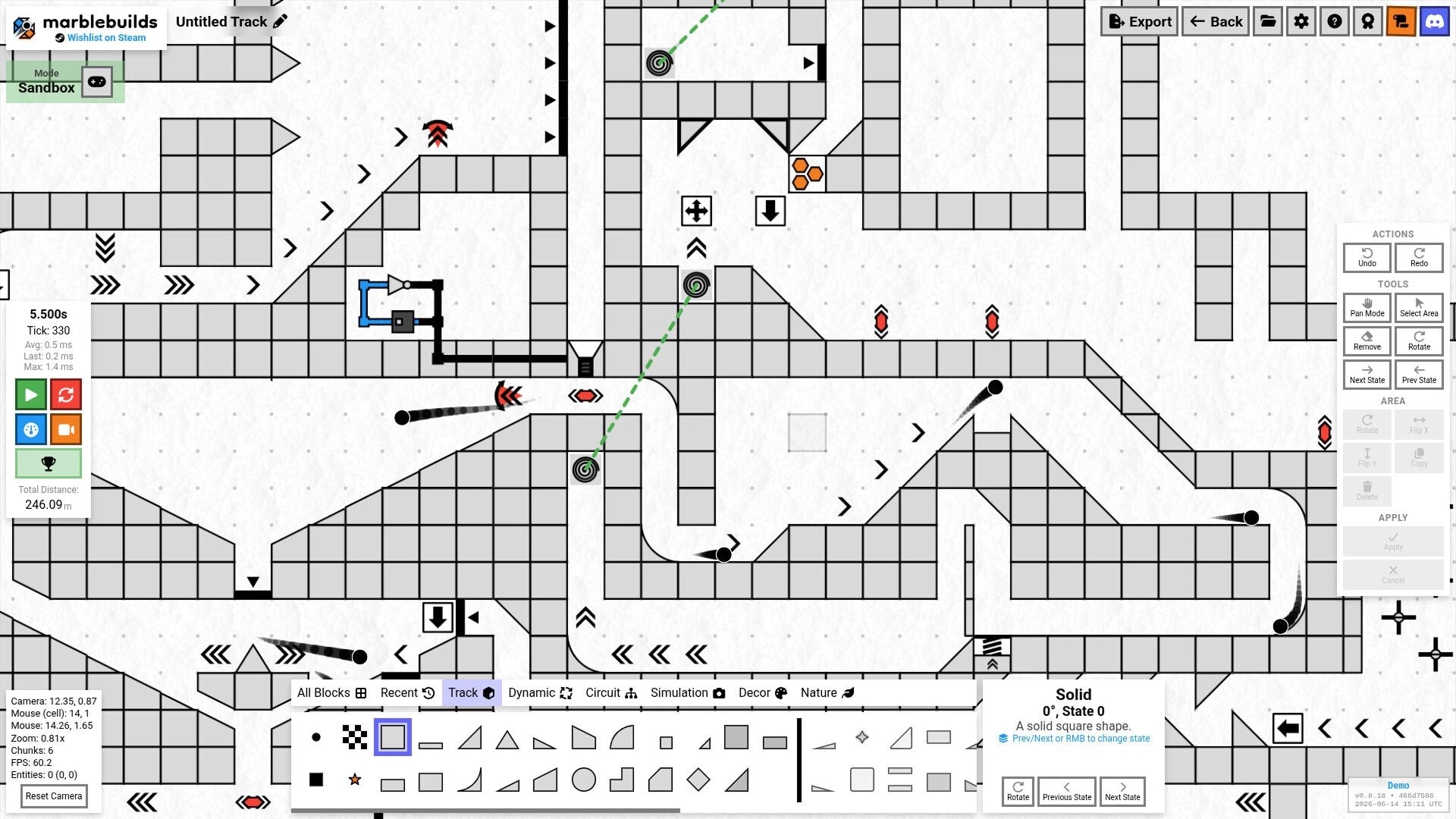 marblebuilds: Sandbox track editor with grid blocks, arrows and marbles, block palette and tools panels.