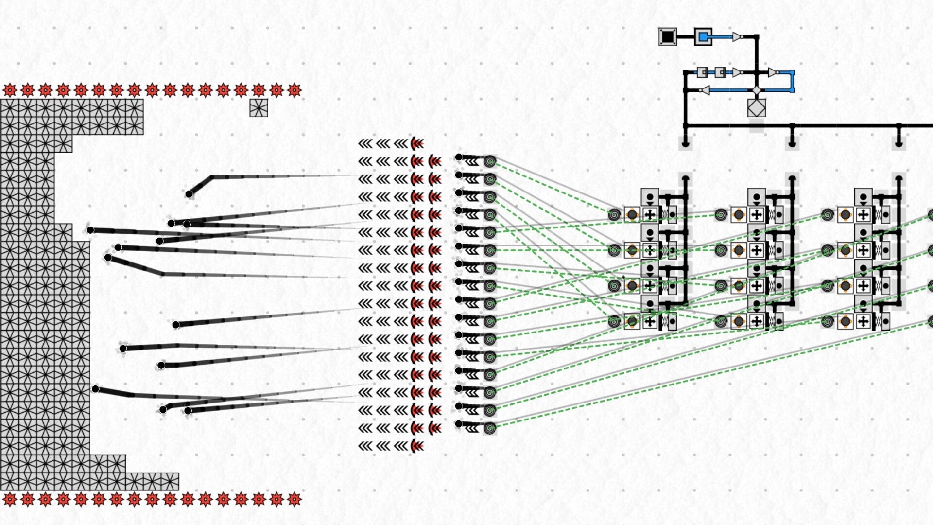 marblebuilds: Complex logic circuit with arrows and signal lines on a dotted grid sandbox workspace.