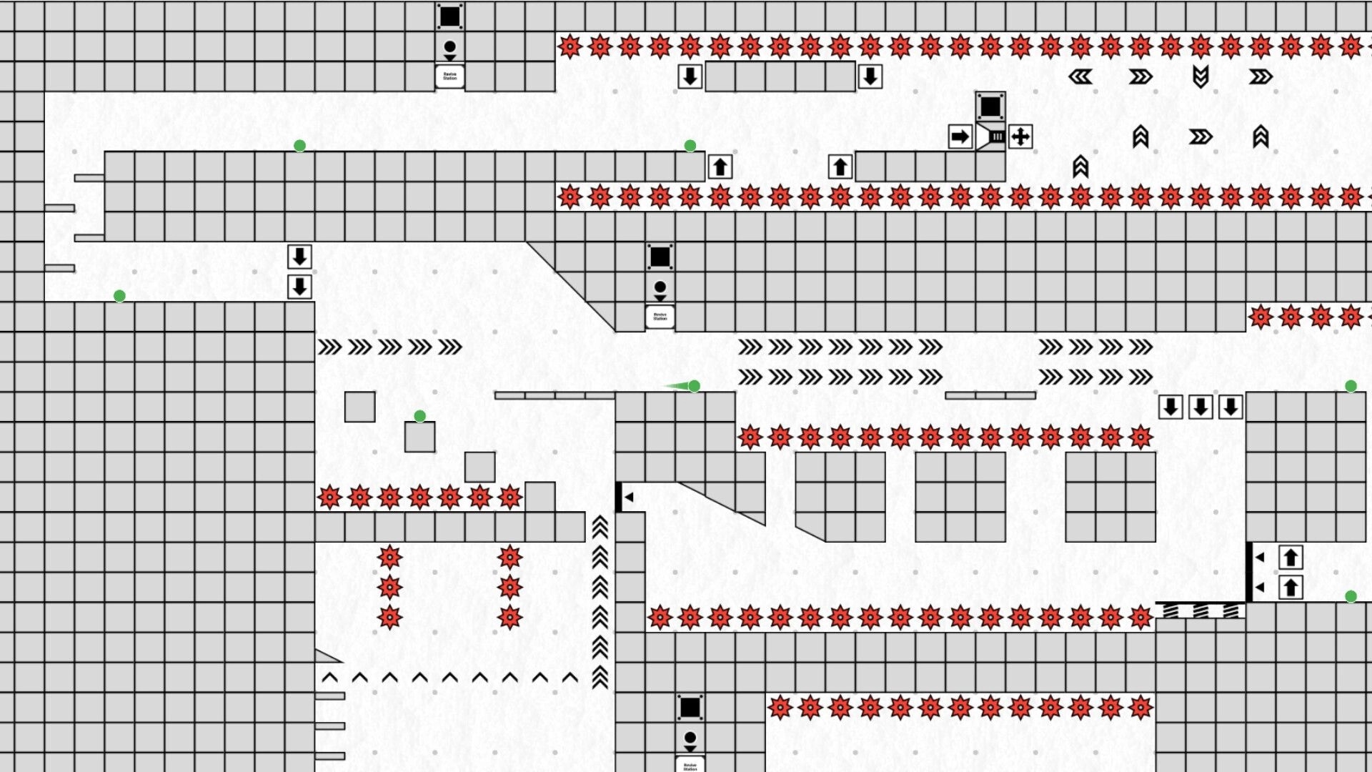marblebuilds: green marbles on a grid platform course with arrow boosters and red spike hazards throughout.