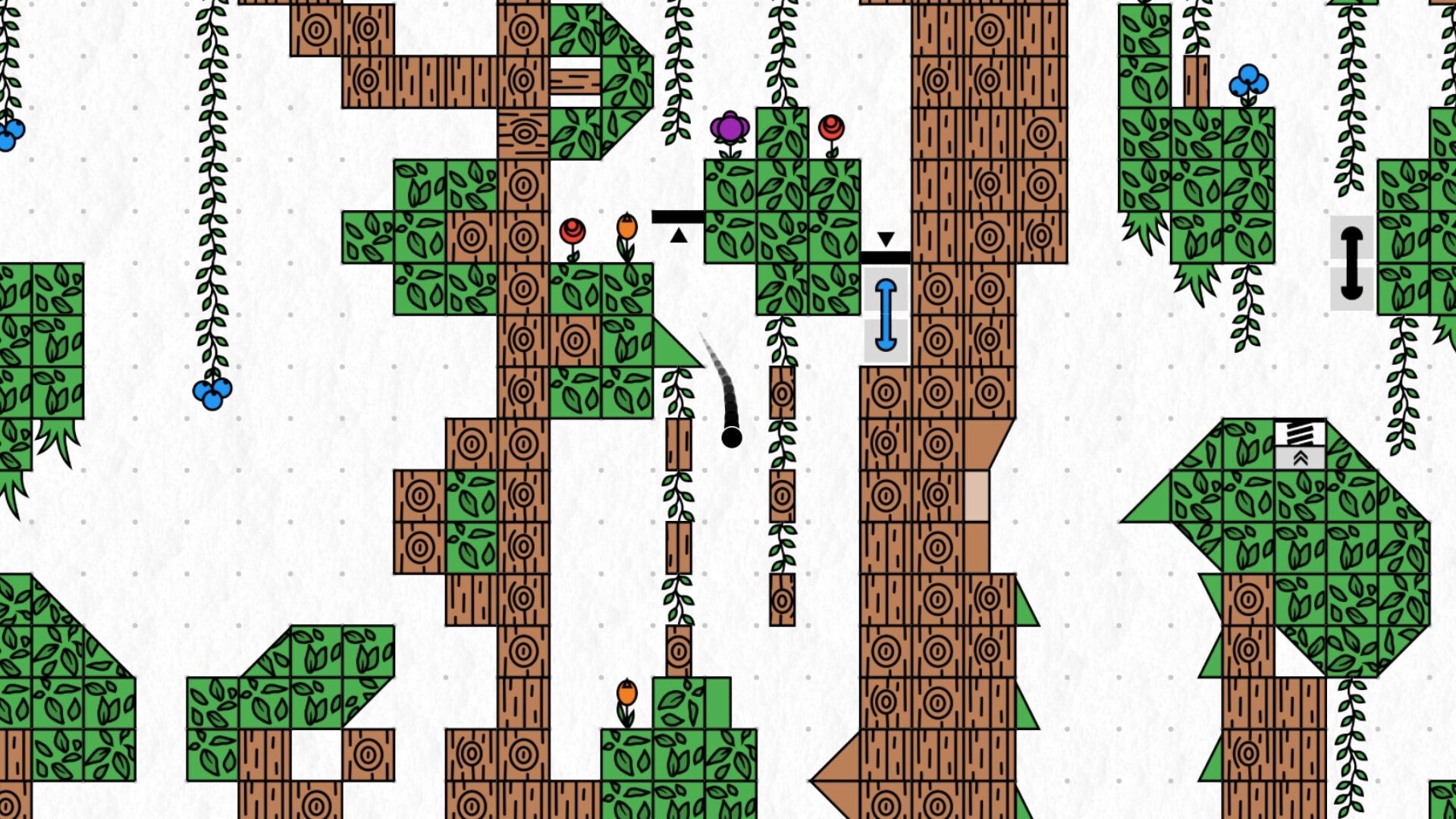 marblebuilds: black marble falling between vine platforms in a leafy wood-block obstacle course level.