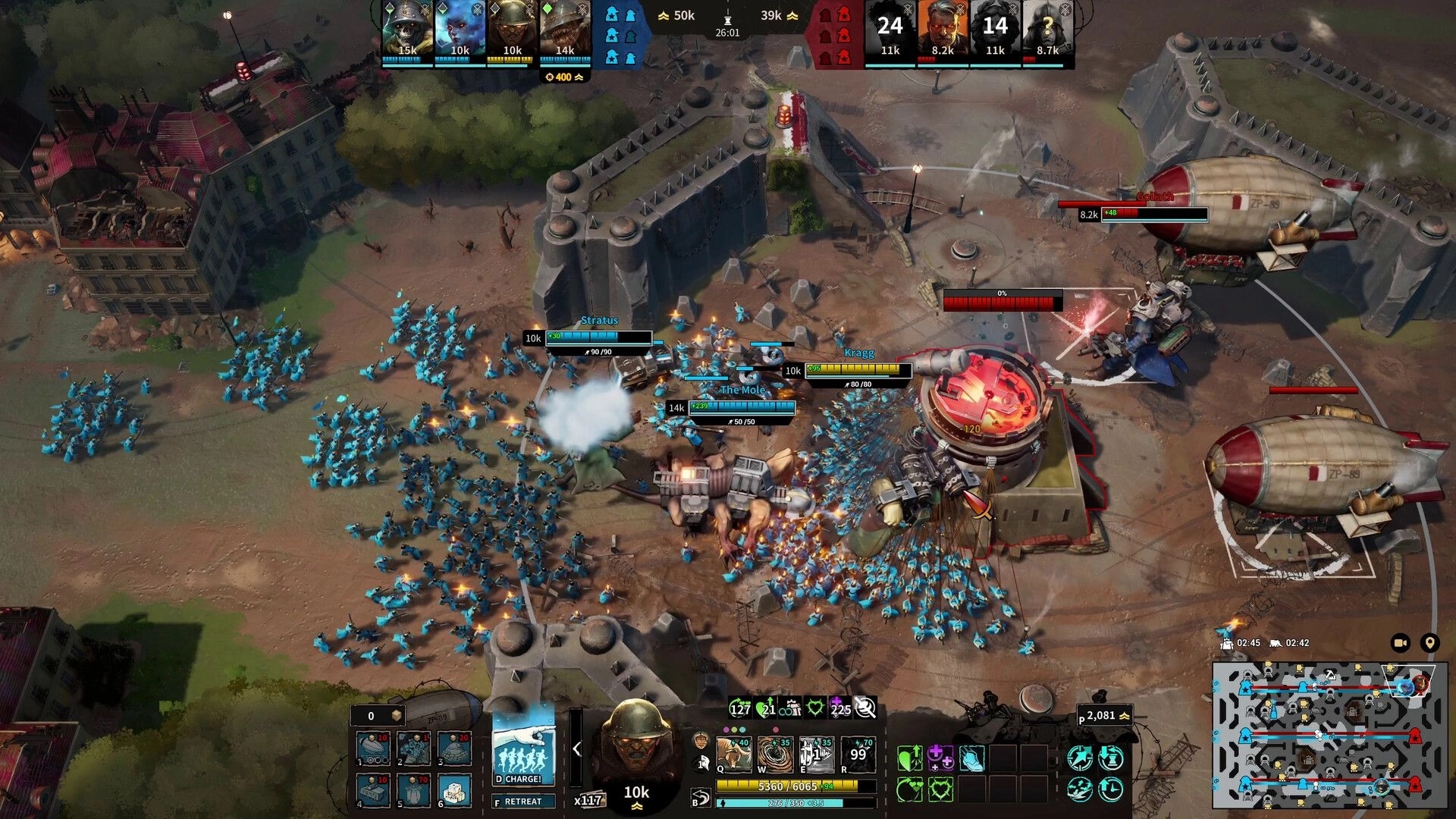 March of Giants: Giants Stratus and Kragg lead blue armies against enemy in urban battlefield setting
