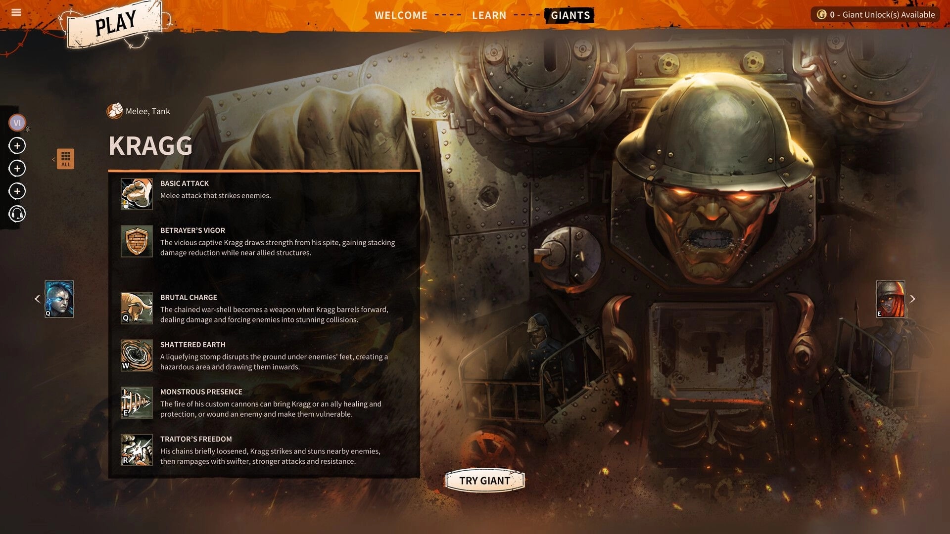 March of Giants: Character Kragg's abilities overview in the selection menu with detailed descriptions