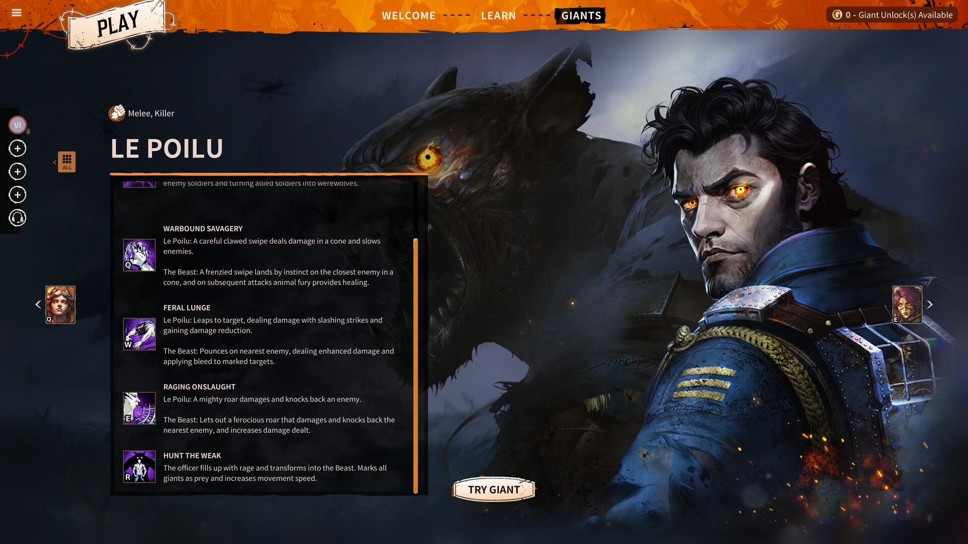 March of Giants: Character Le Poilu with abilities menu on a dark and intense backdrop
