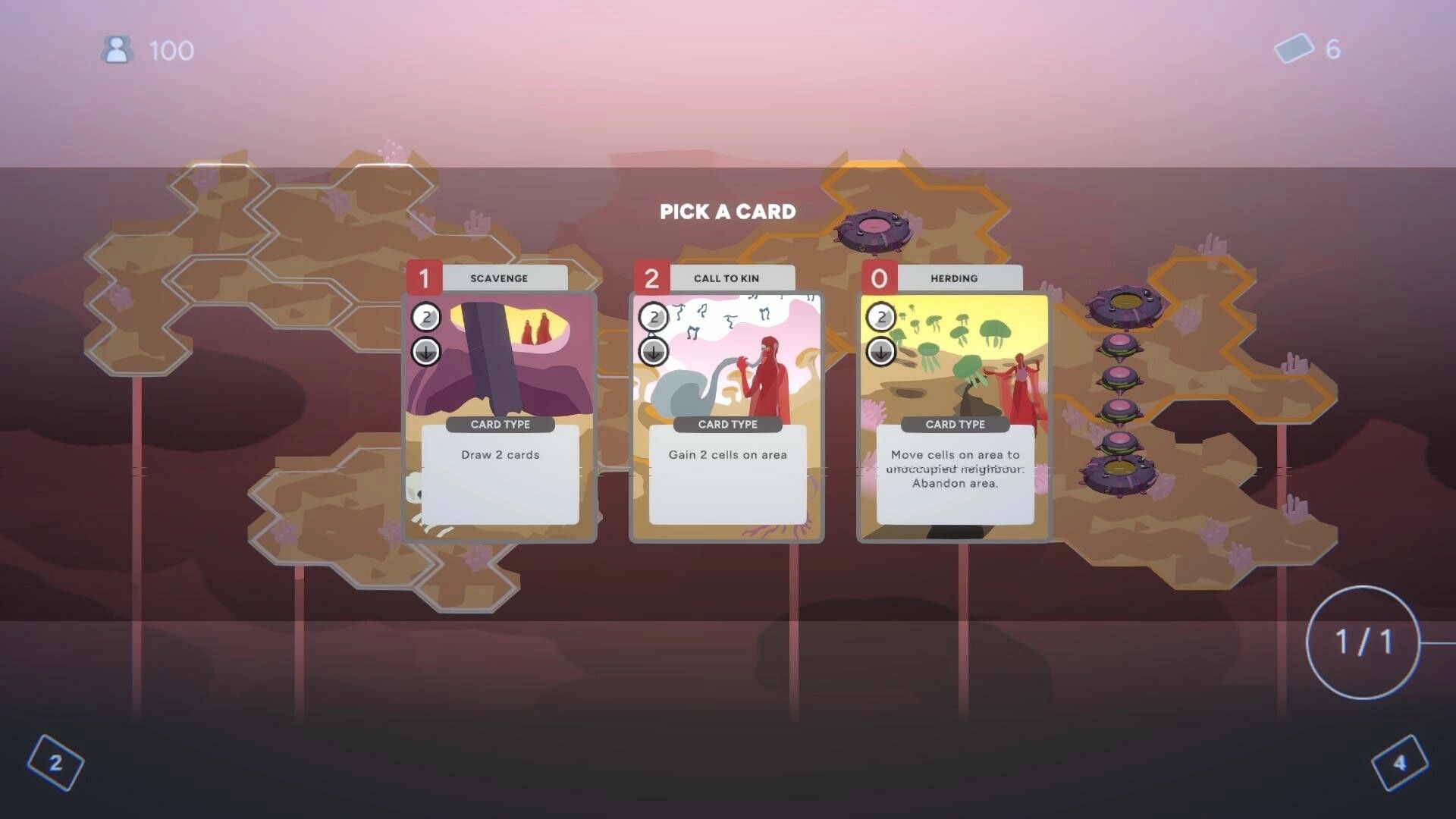 March to the Heart: Card selection screen with three card options over hexagonal map layout background