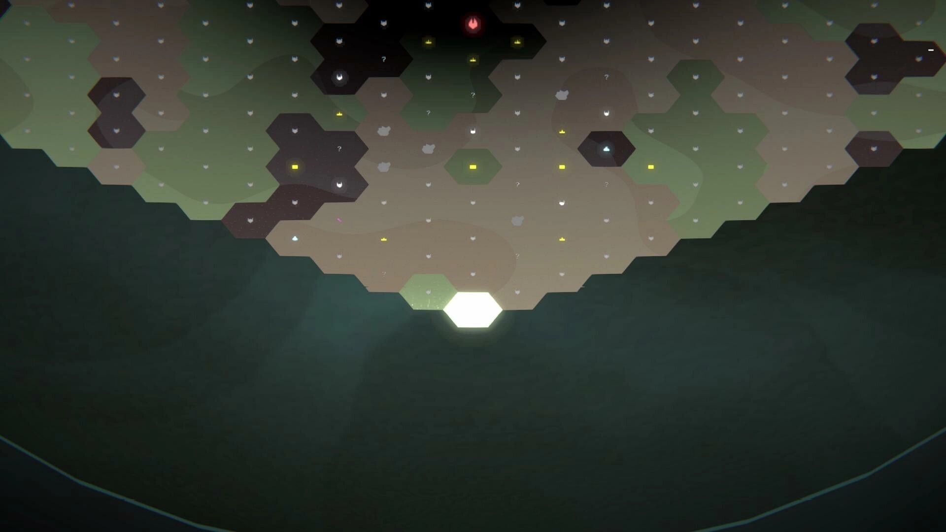 March to the Heart: Hexagonal grid map with various icons and a glowing path in a dark environment
