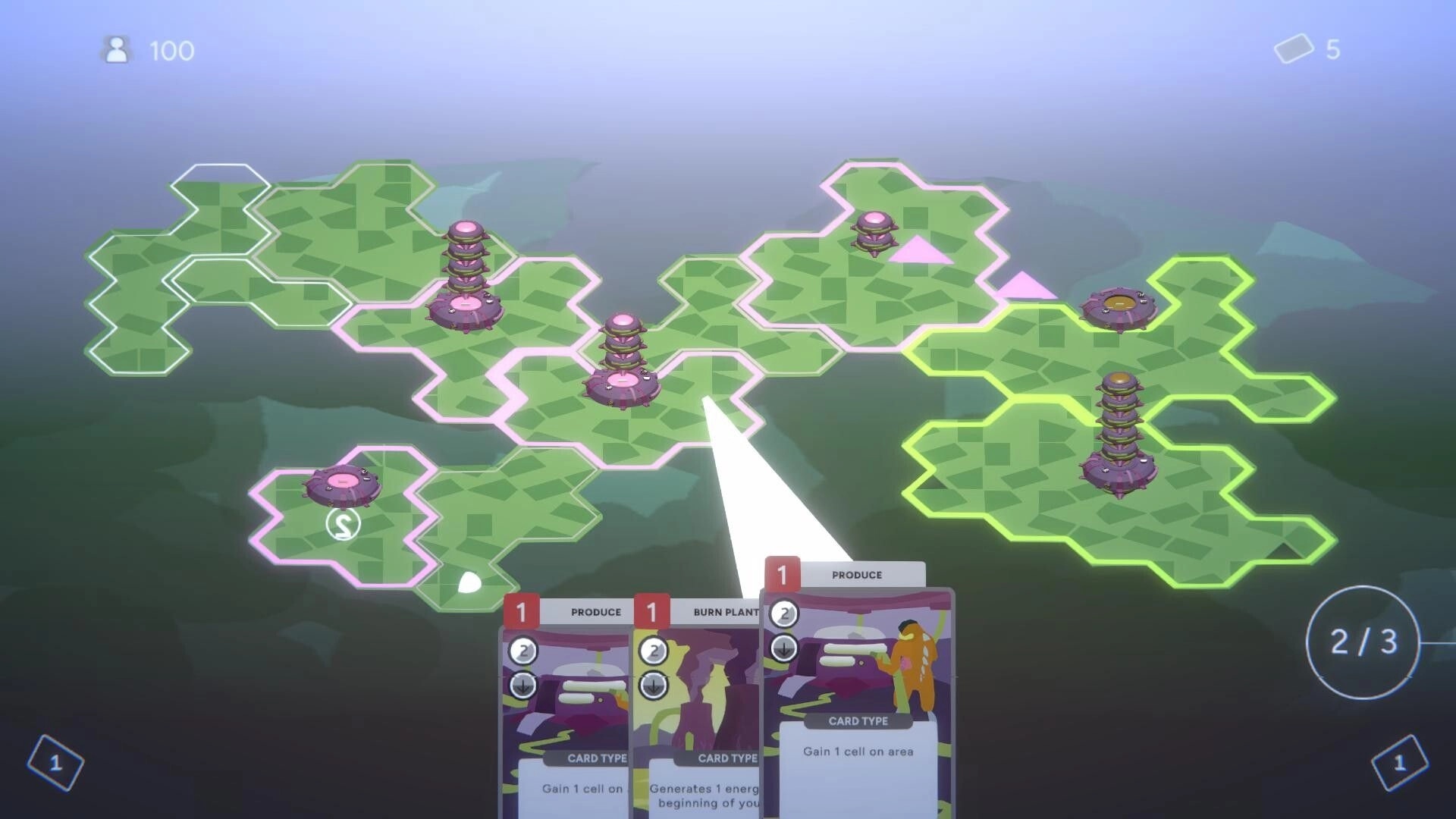 March to the Heart: Expand territories with card actions on a hexagonal map within a dying body environment