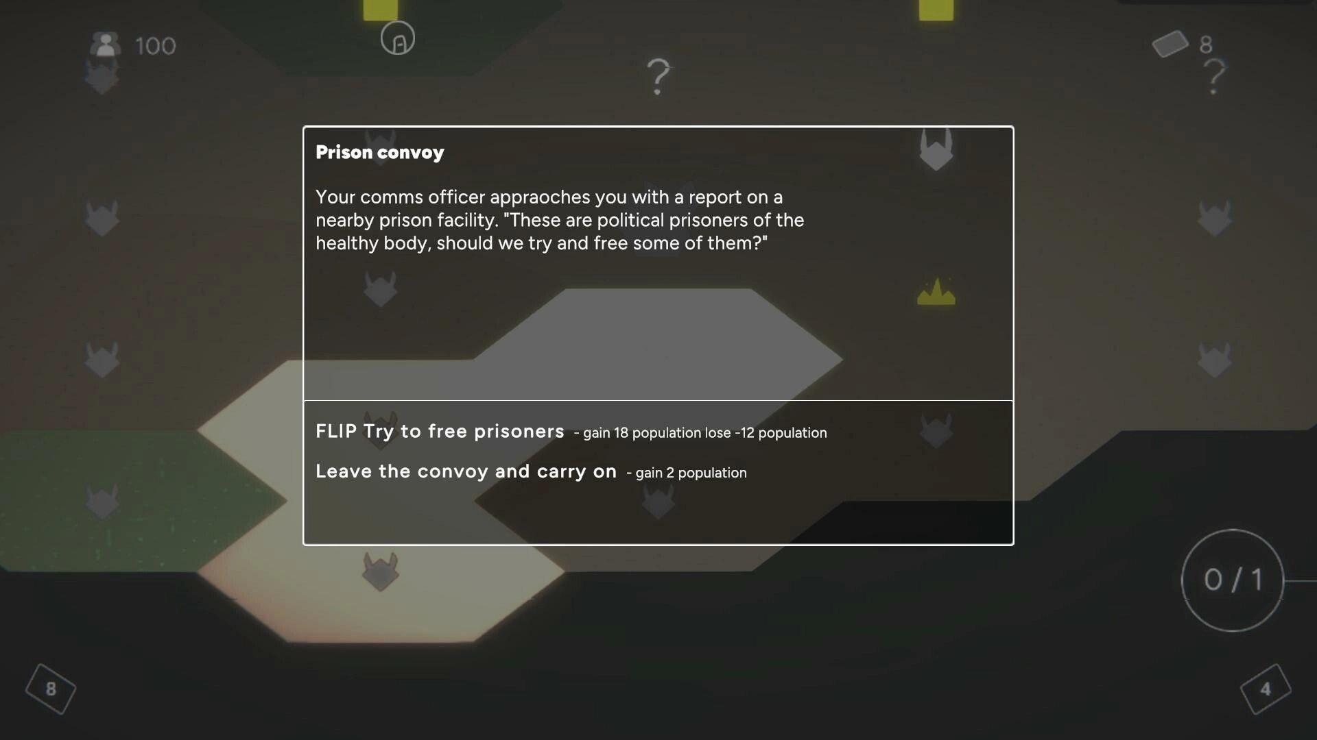 March to the Heart: Decision interface for freeing prisoners or continuing in strategic map environment