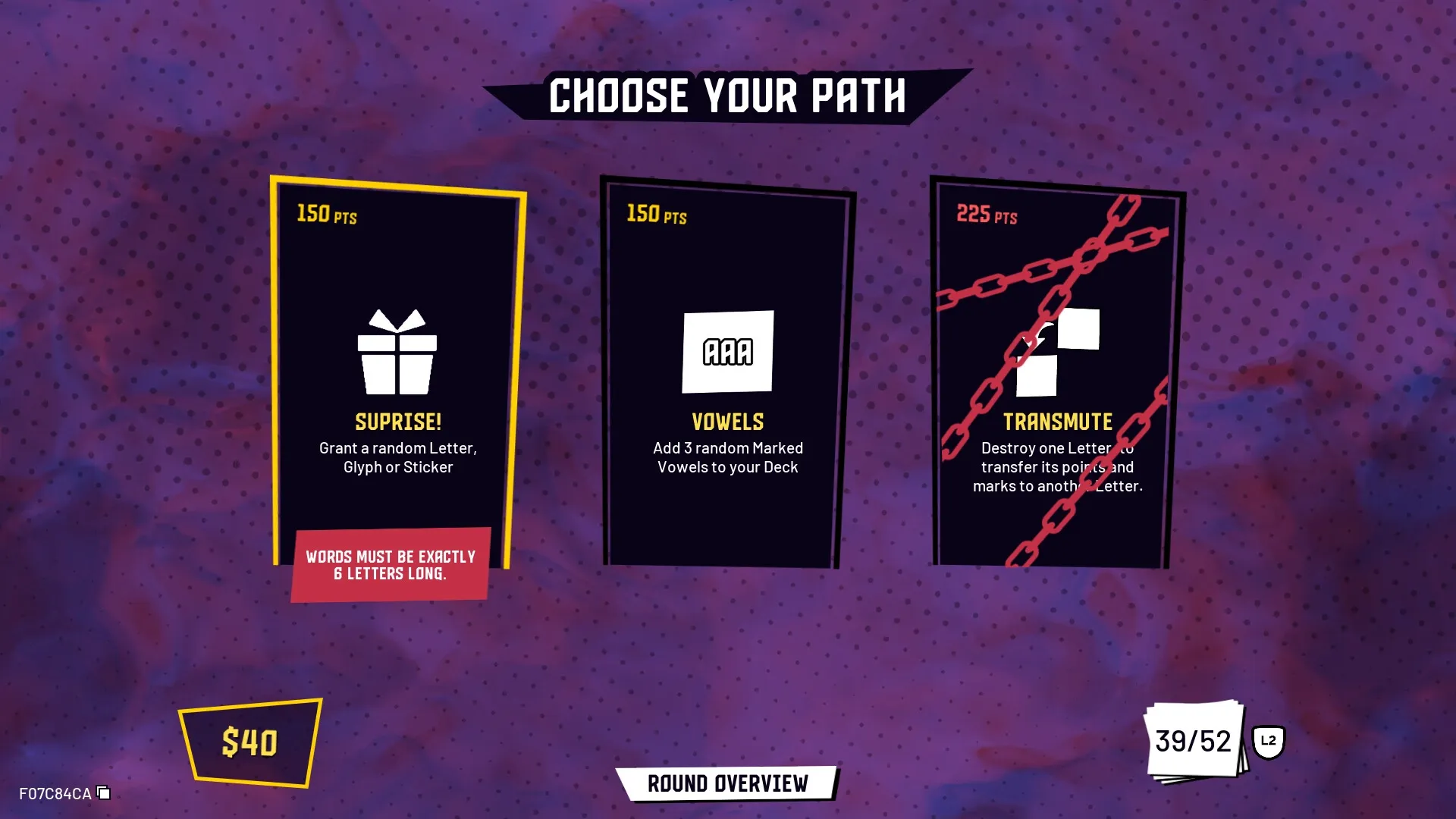Mark My Words: Choose your path with options for Surprise, Vowels, or a locked Transmute upgrade.
