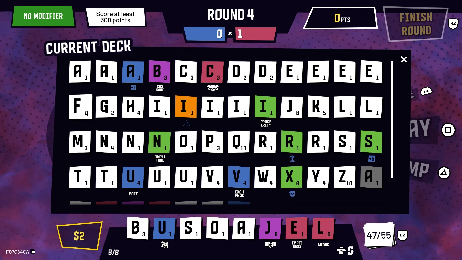 Mark My Words: Current deck with letter tiles and score objectives displayed in round 4 interface.