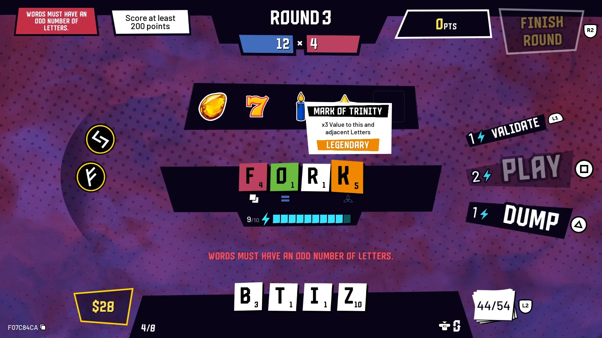Mark My Words: Round 3 with word "FORK" formed, showing score, glyphs, and card options on screen.
