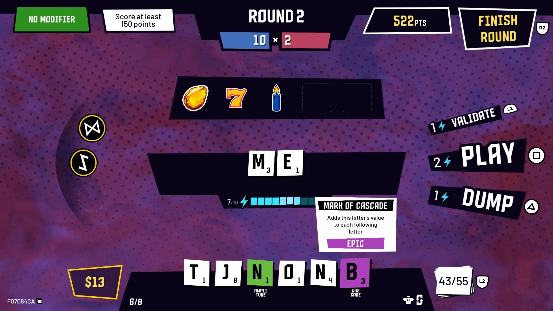 Mark My Words: Round 2 gameplay with letter tiles, score display, and action buttons in purple interface