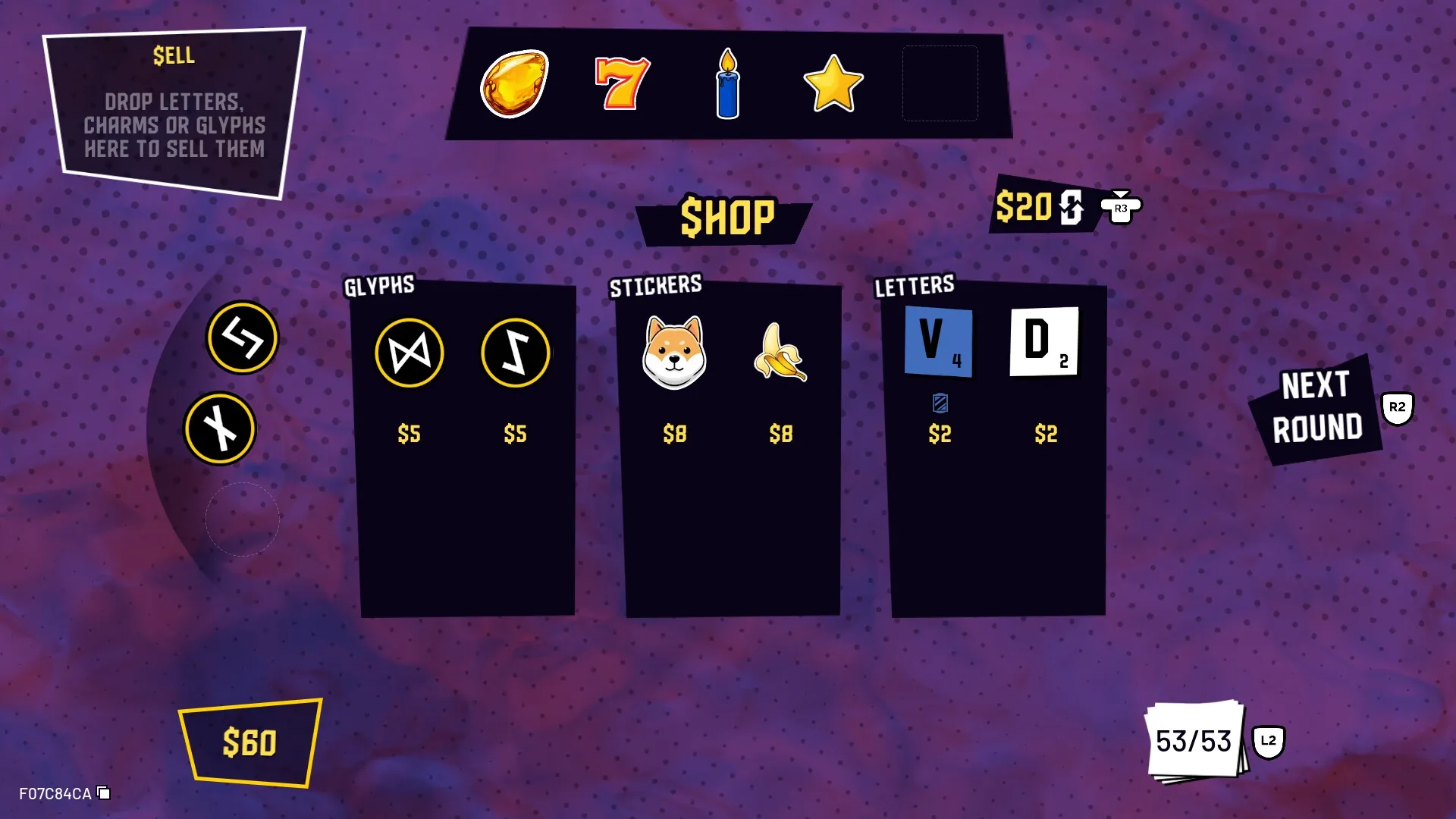 Mark My Words: Shop interface with Glyphs, Stickers, and Letters on purple background with $60 balance