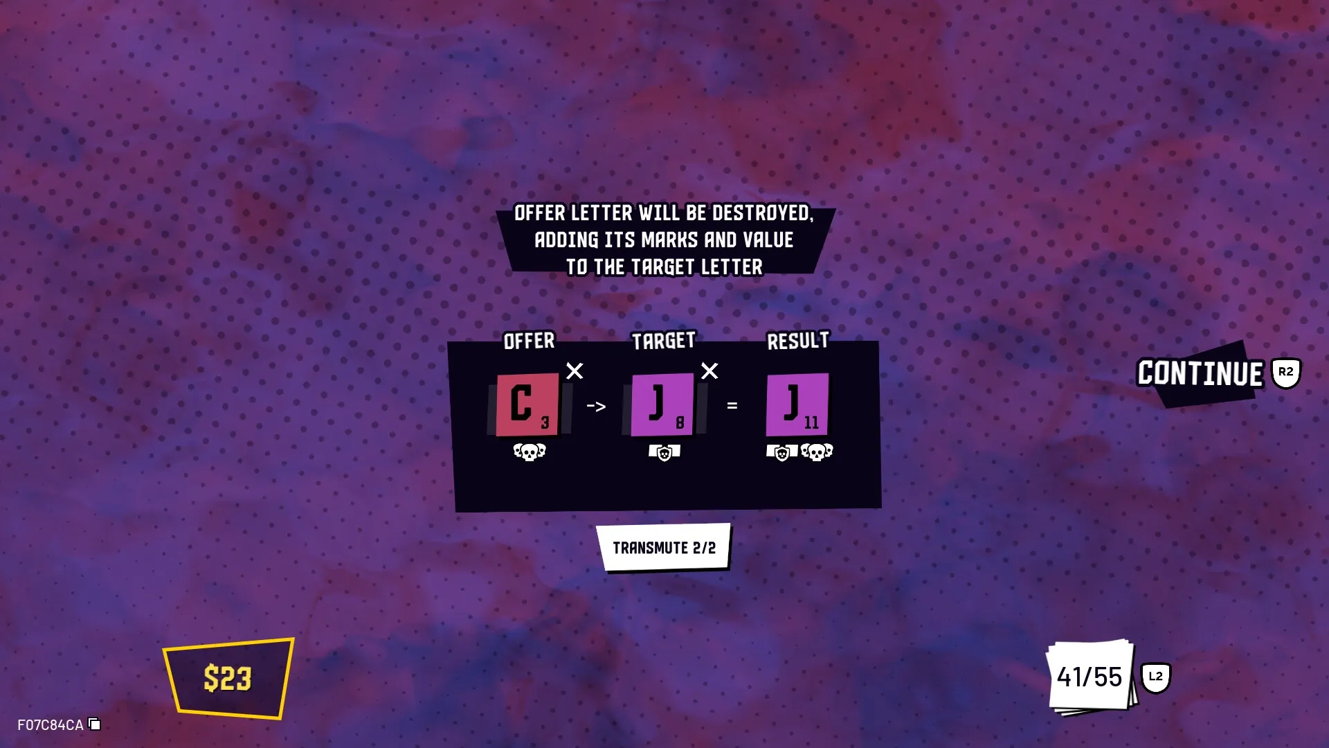 Mark My Words: Transmute screen showing letter upgrades and values against a purple dotted backdrop