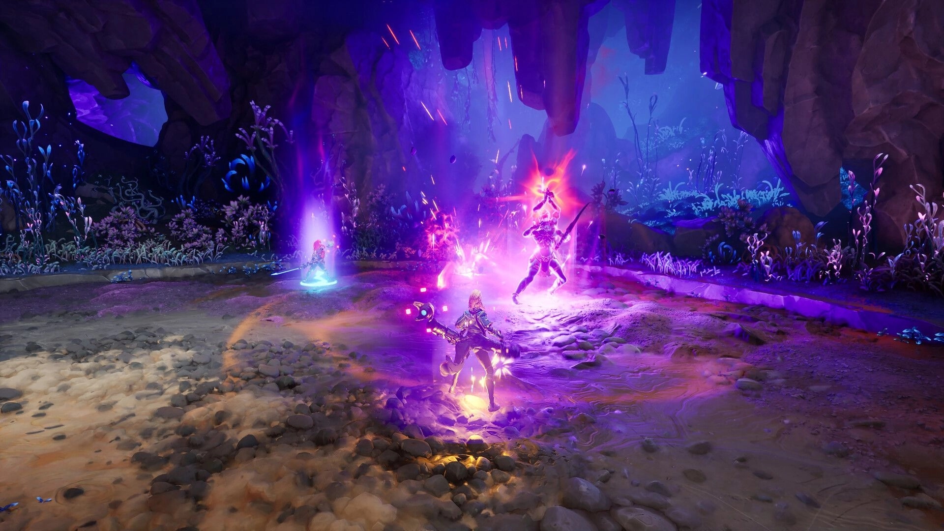 Marked For Mayhem: Three players unleash purple magic blasts in a glowing cavern arena with plants.
