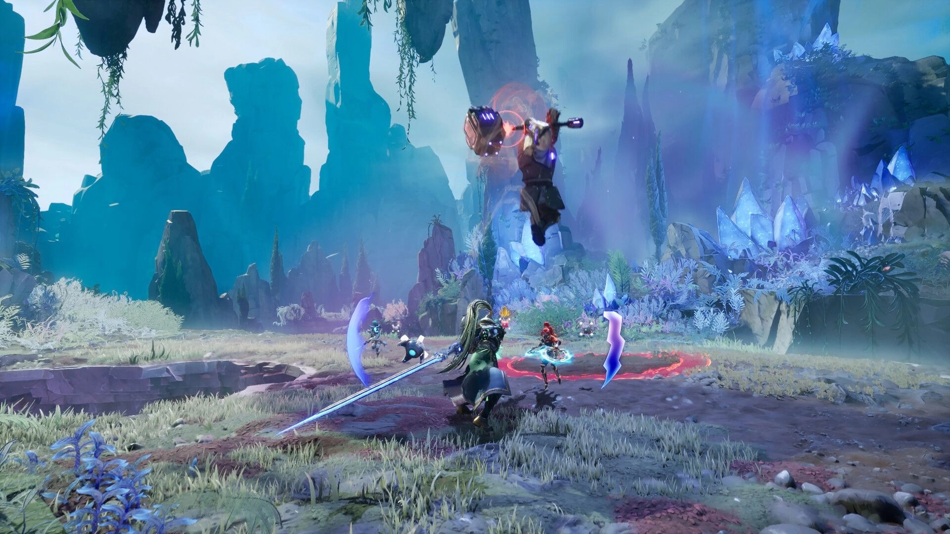 Marked For Mayhem: Four fighters battle a leaping hammer brute in a misty crystal canyon arena.