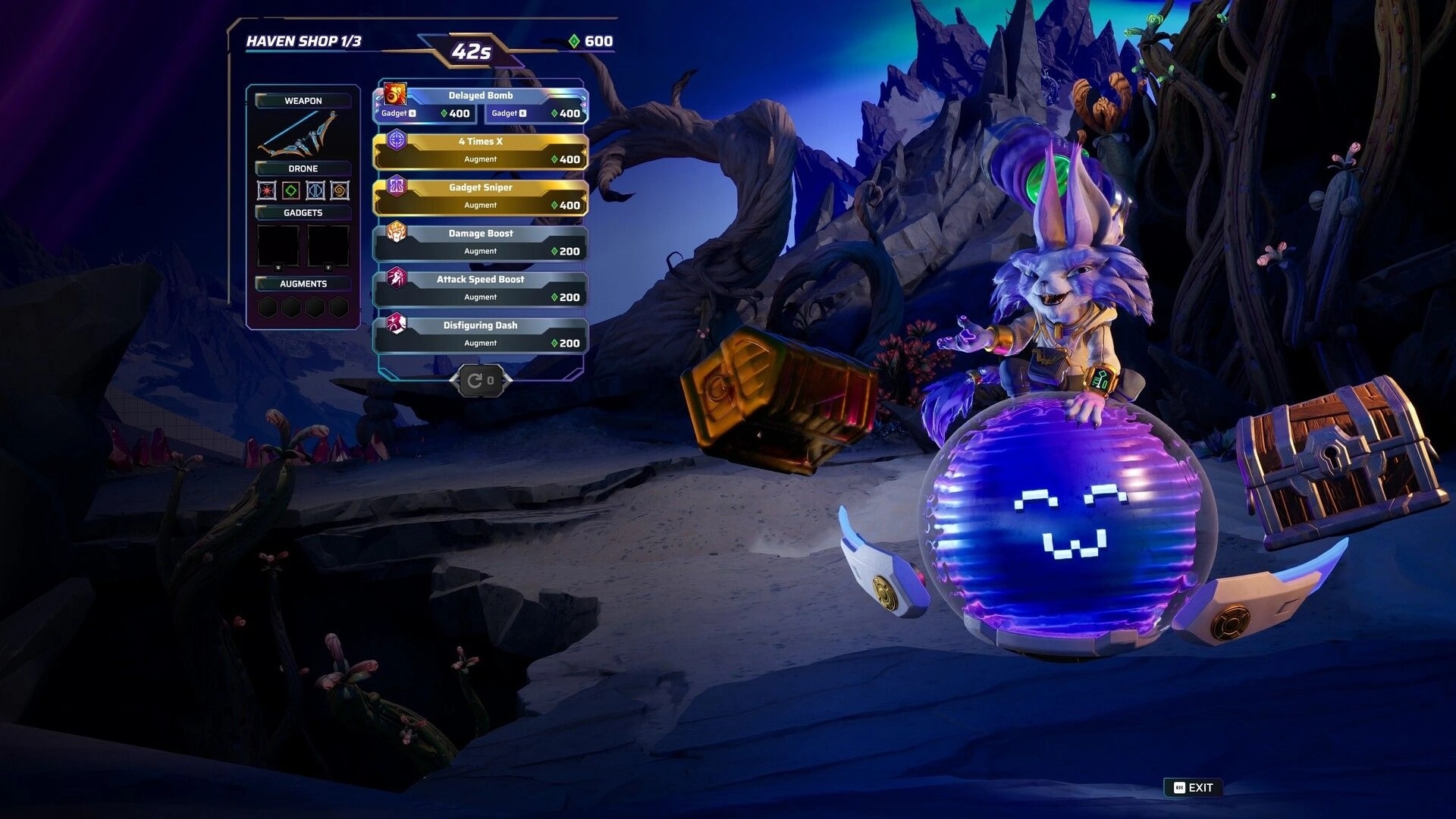 Marked For Mayhem: Haven shop menu listing augments and gadgets beside a rocky alien vendor scene.