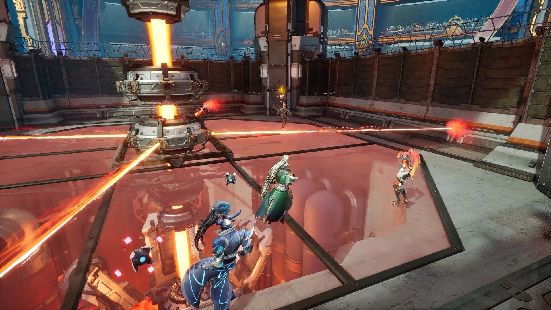 Marked For Mayhem: Four players dodge spinning laser beams in a futuristic arena with glass floor pits.
