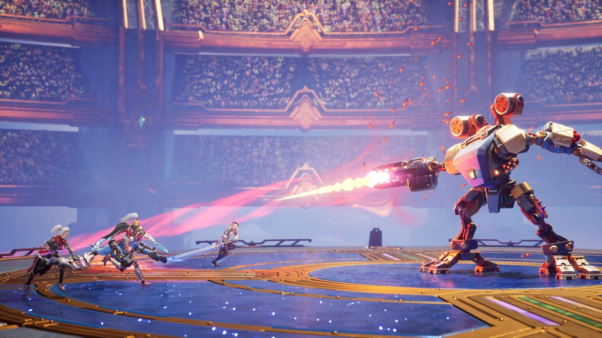 Marked For Mayhem: Four heroes dodge a giant mech’s laser blast in a packed arena stadium battle.