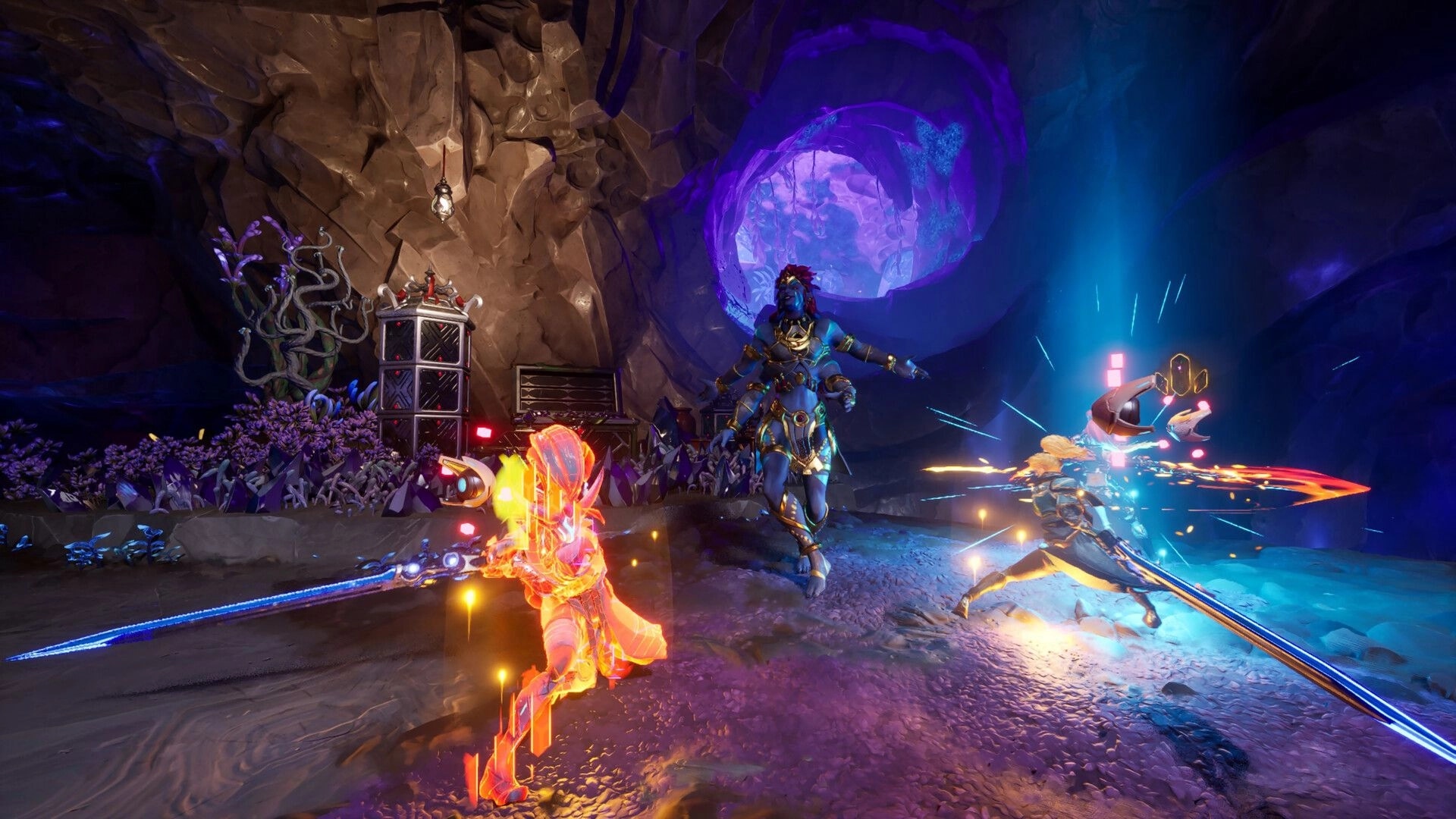 Marked For Mayhem: Two fighters clash with energy blades in a glowing cave tunnel near a purple portal.