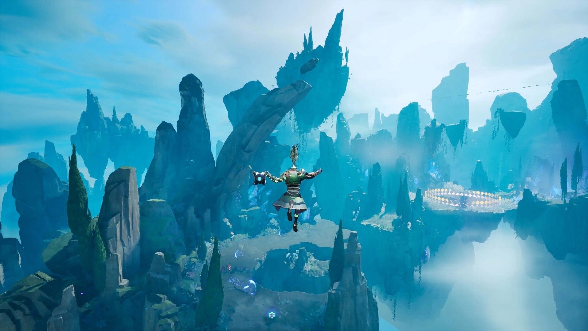Marked For Mayhem: Hero glides over floating cliffs and spires in a misty blue sky realm.