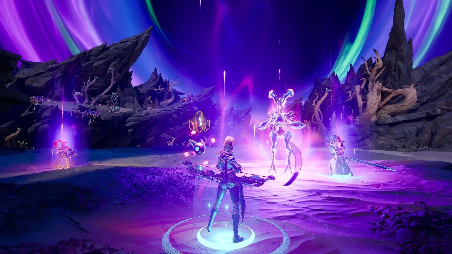 Marked For Mayhem: Three players confront a glowing alien boss in a purple rift-lit rocky arena.