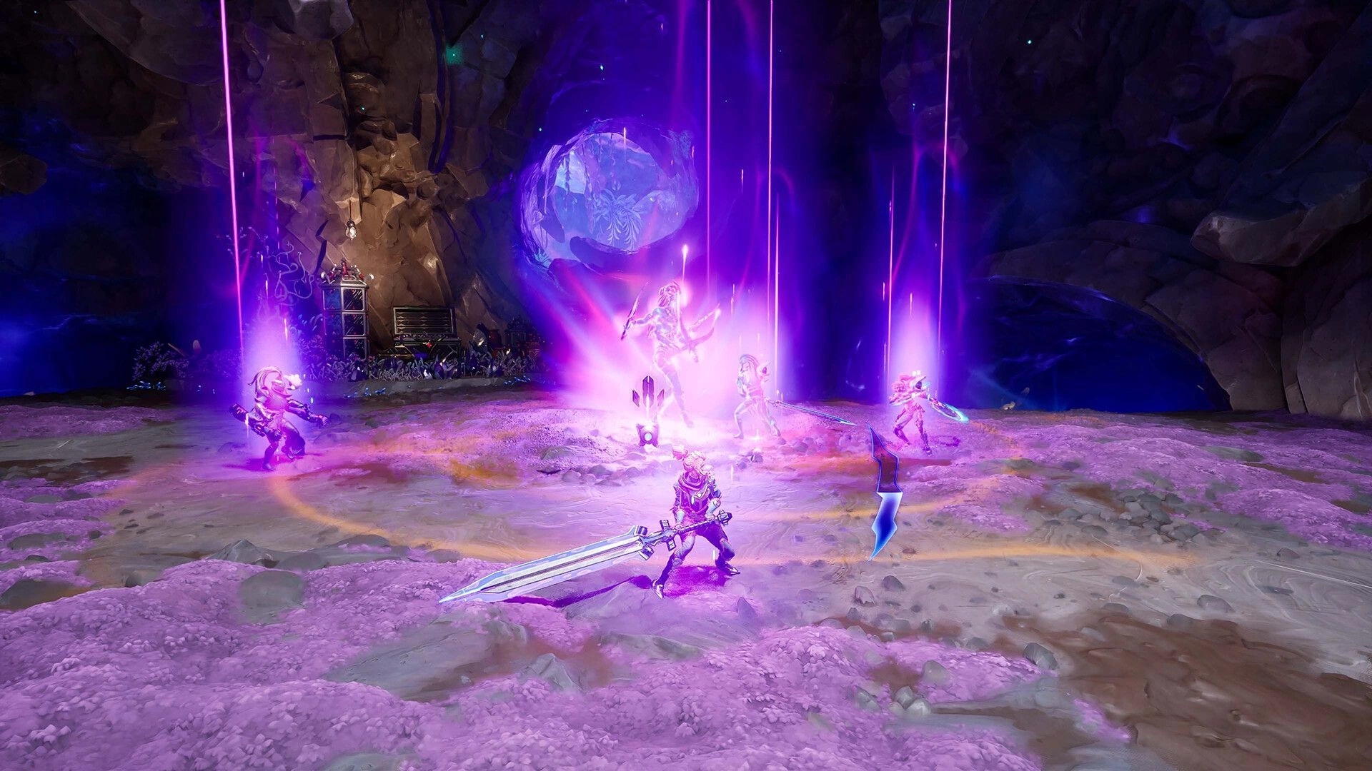 Marked For Mayhem: Four armored fighters clash around a purple beam portal in a rocky cave arena.