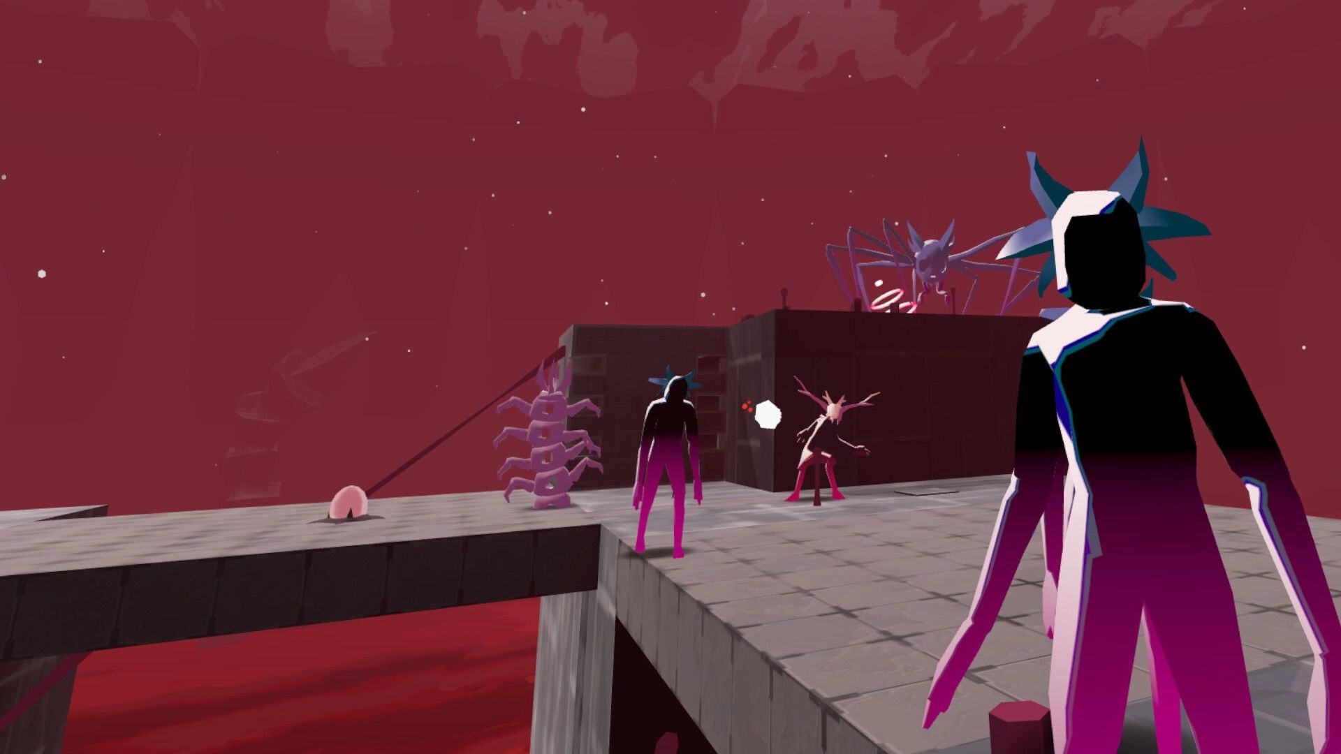 Marrow Marrow: Characters confront insect-like creatures on a floating platform in a red-hued sky environment