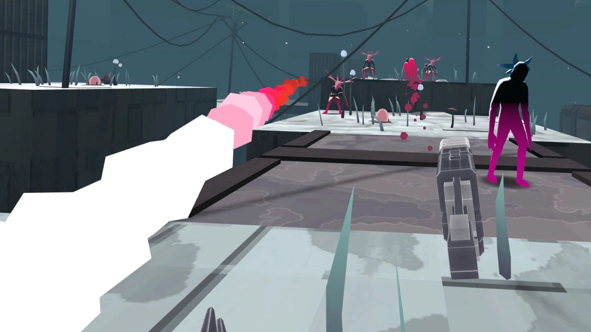 Marrow Marrow: Player shooting energy weapon at red enemies on industrial rooftop with power lines