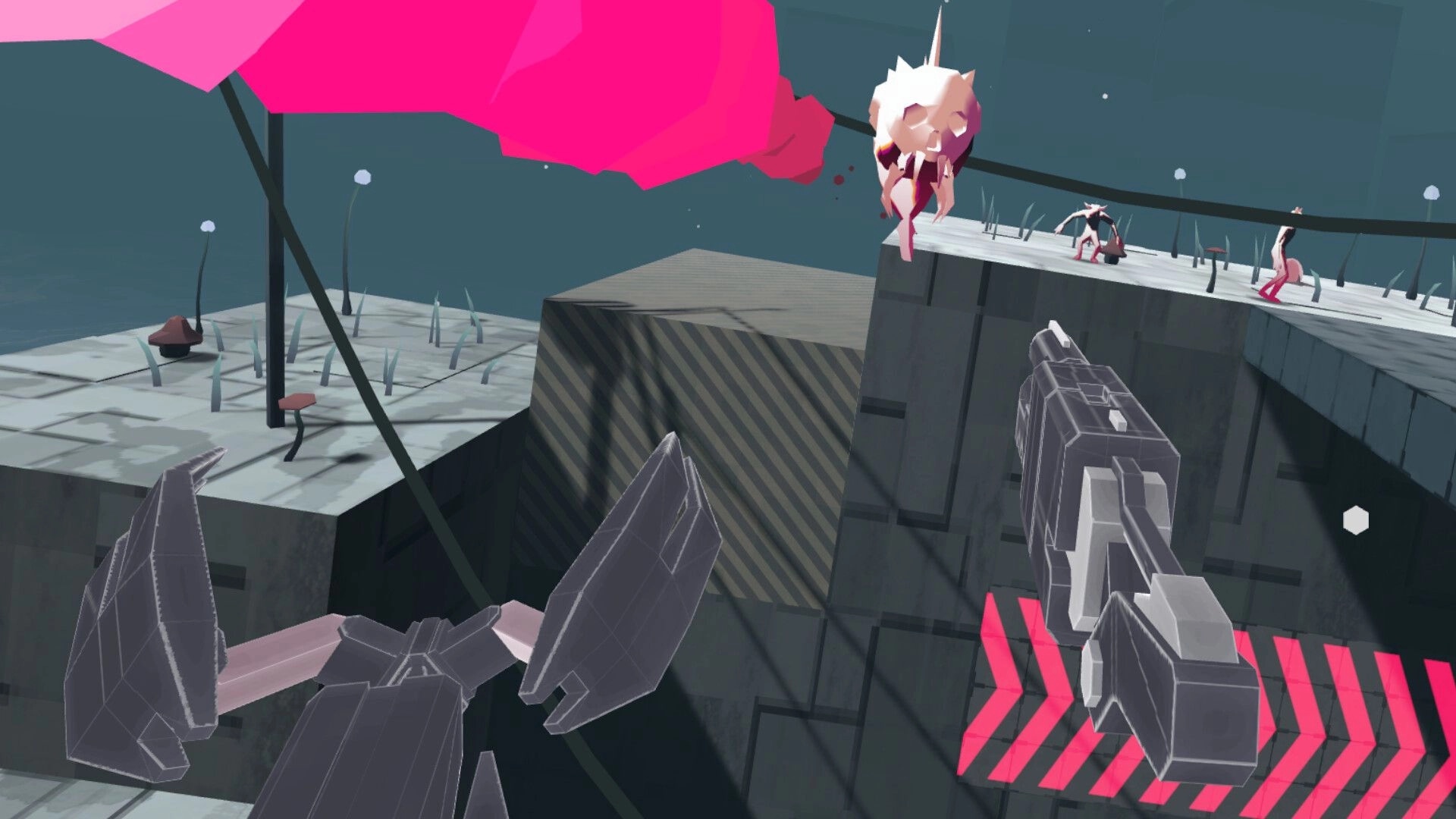 Marrow Marrow: Player aims weapon at approaching enemies on a floating platform in a surreal VR world.