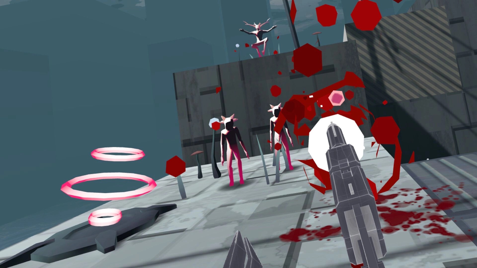 Marrow Marrow: First-person combat with Vermin enemies on rooftop, gunfire and blood effects visible