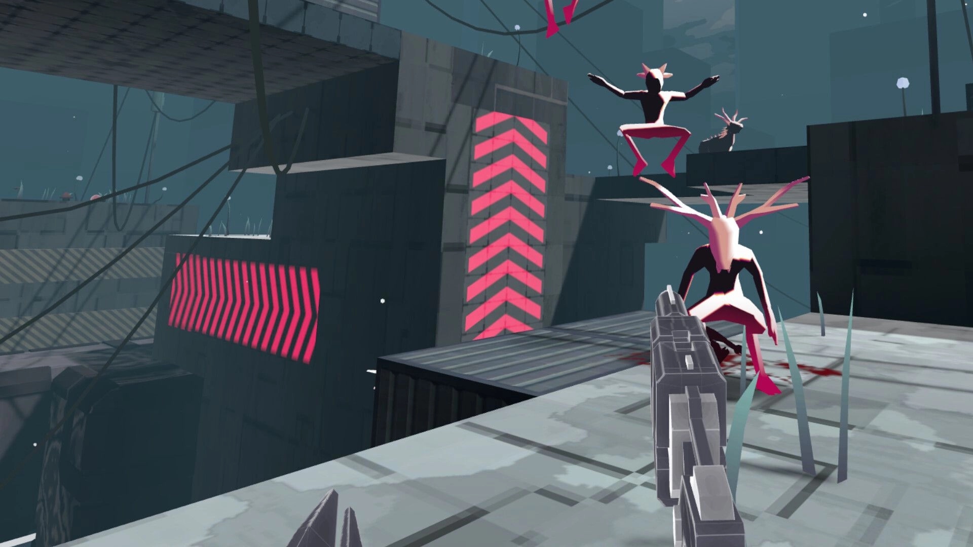 Marrow Marrow: First-person shooter view targeting jumping Vermin in industrial, urban environment