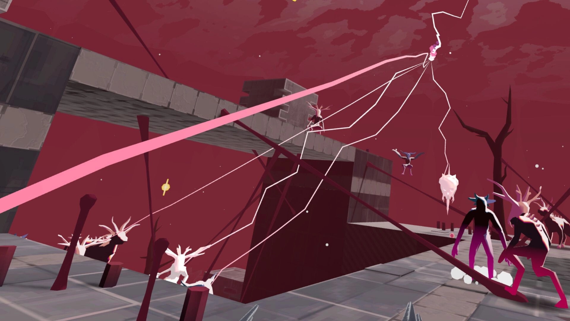 Marrow Marrow: Players perform parkour and combat maneuvers on a red-tinted industrial rooftop setting.