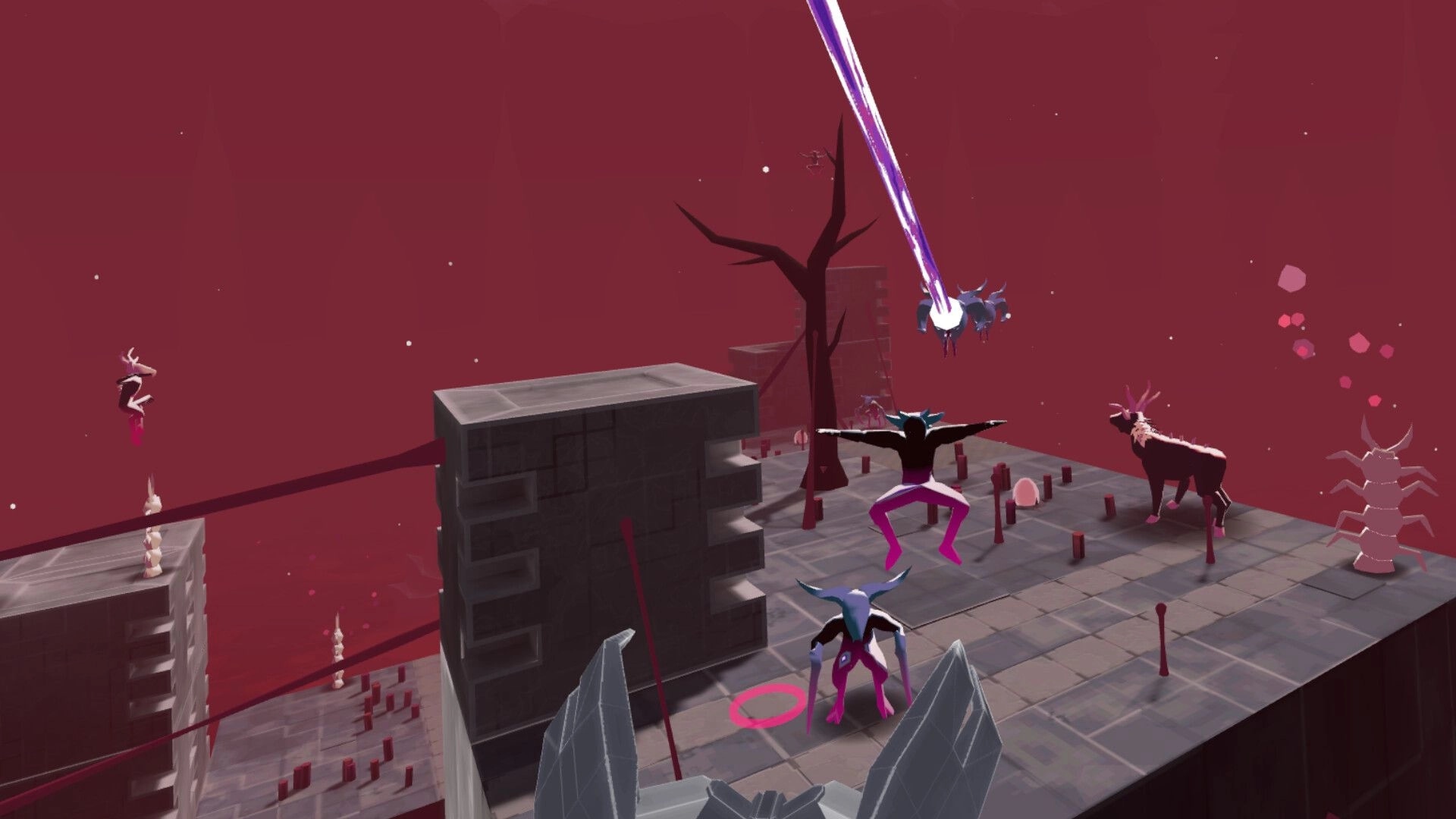 Marrow Marrow: Players battle Vermin on floating platforms in a red sky with energy beams and creatures