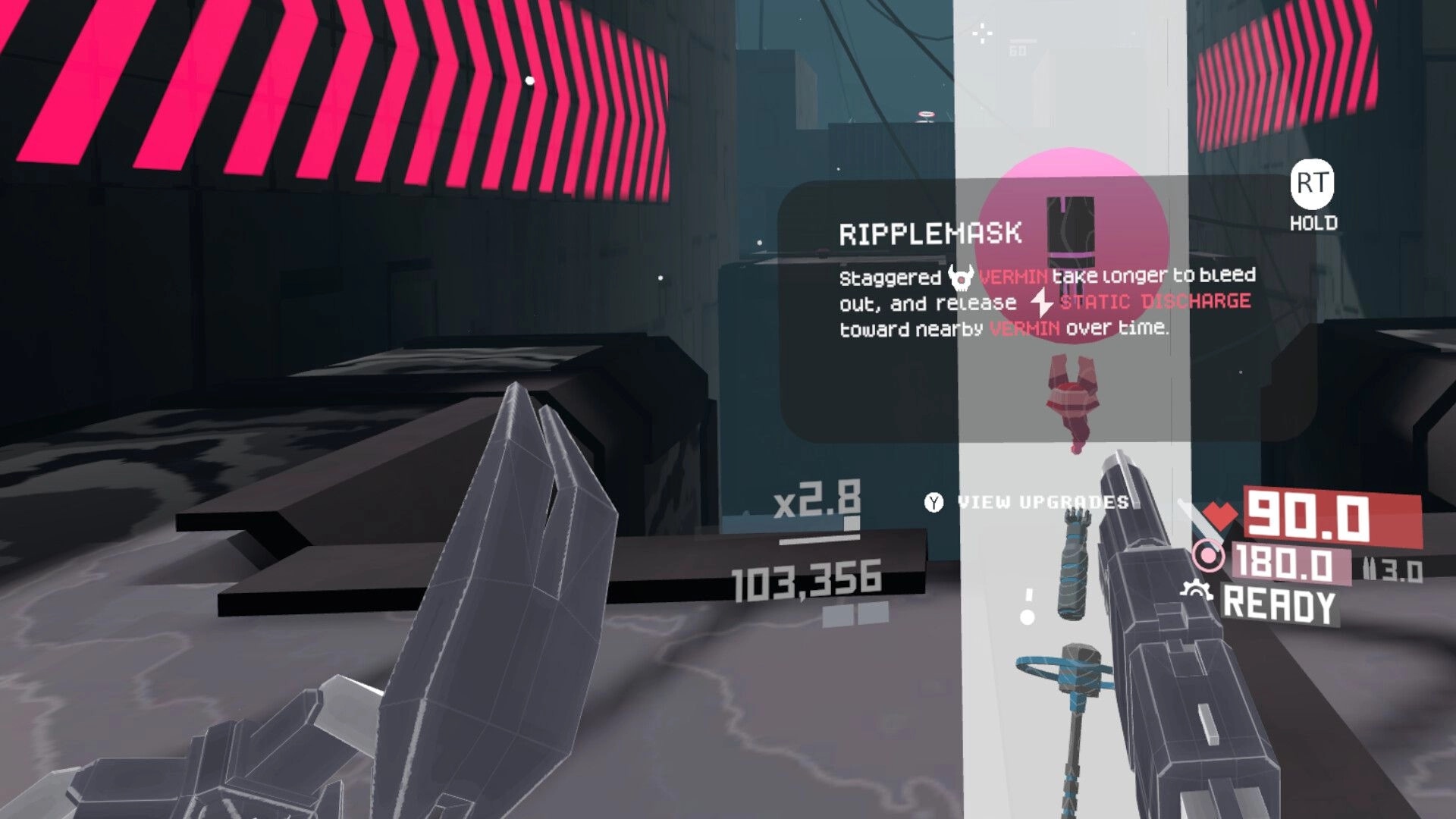 Marrow Marrow: Player holding weapon in urban setting with HUD showing health, score, and upgrades menu