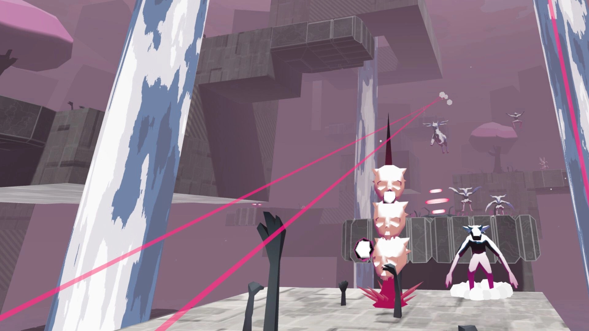 Marrow Marrow: Engaging in combat with Vermin amidst towering platforms and pink-hued skies