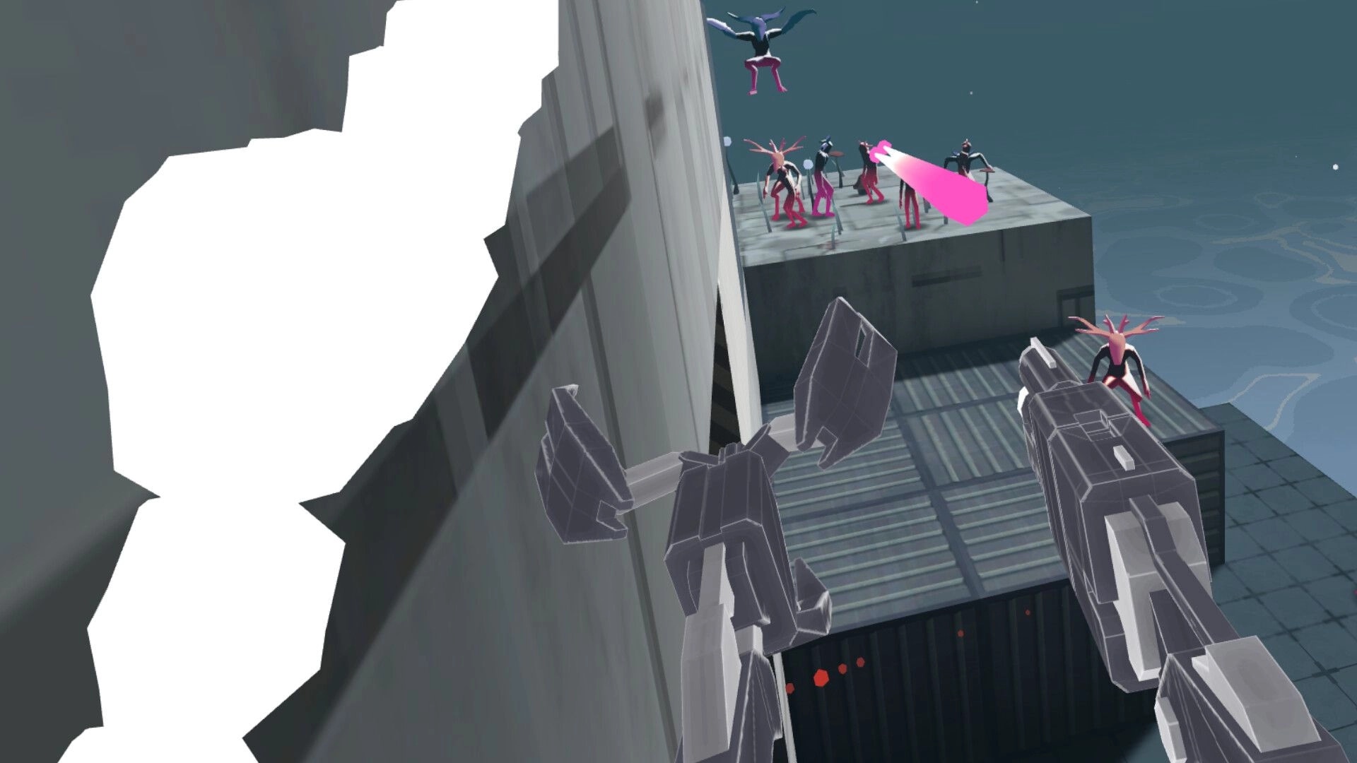 Marrow Marrow: Player dual-wielding guns while wall-running towards enemies on a rooftop platform