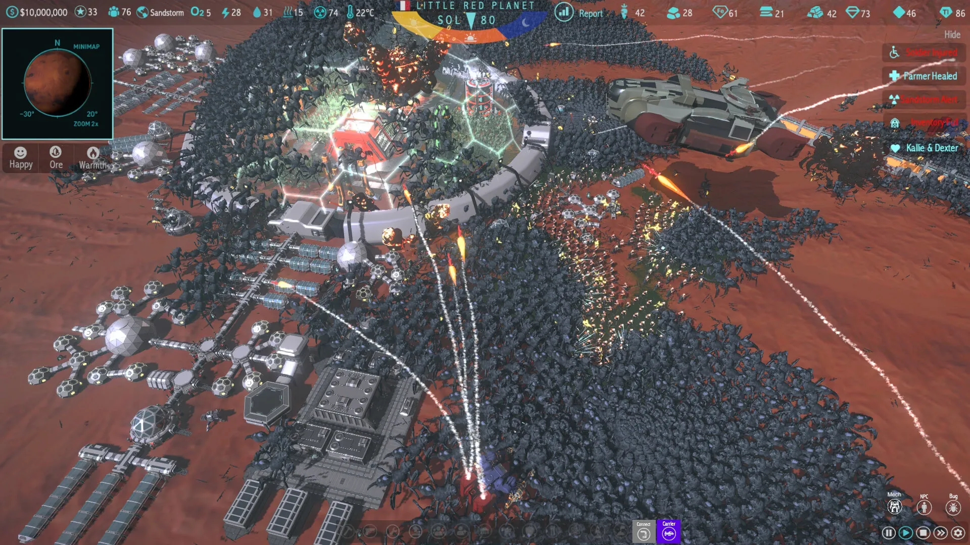 MARS: Colony under attack by alien swarm with defensive structures and vehicles in Martian landscape.