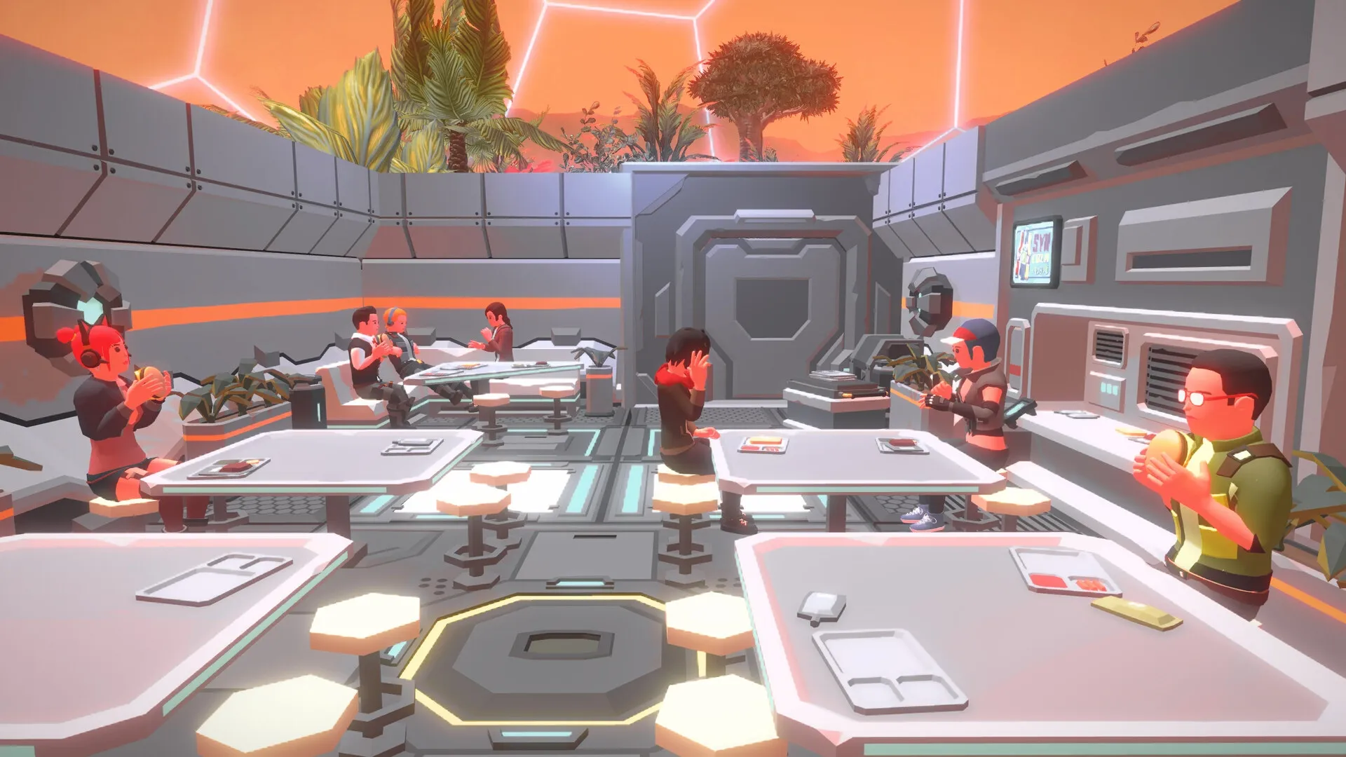 MARS: Colonists eating in a futuristic dining hall with plants and high-tech decor under a dome sky