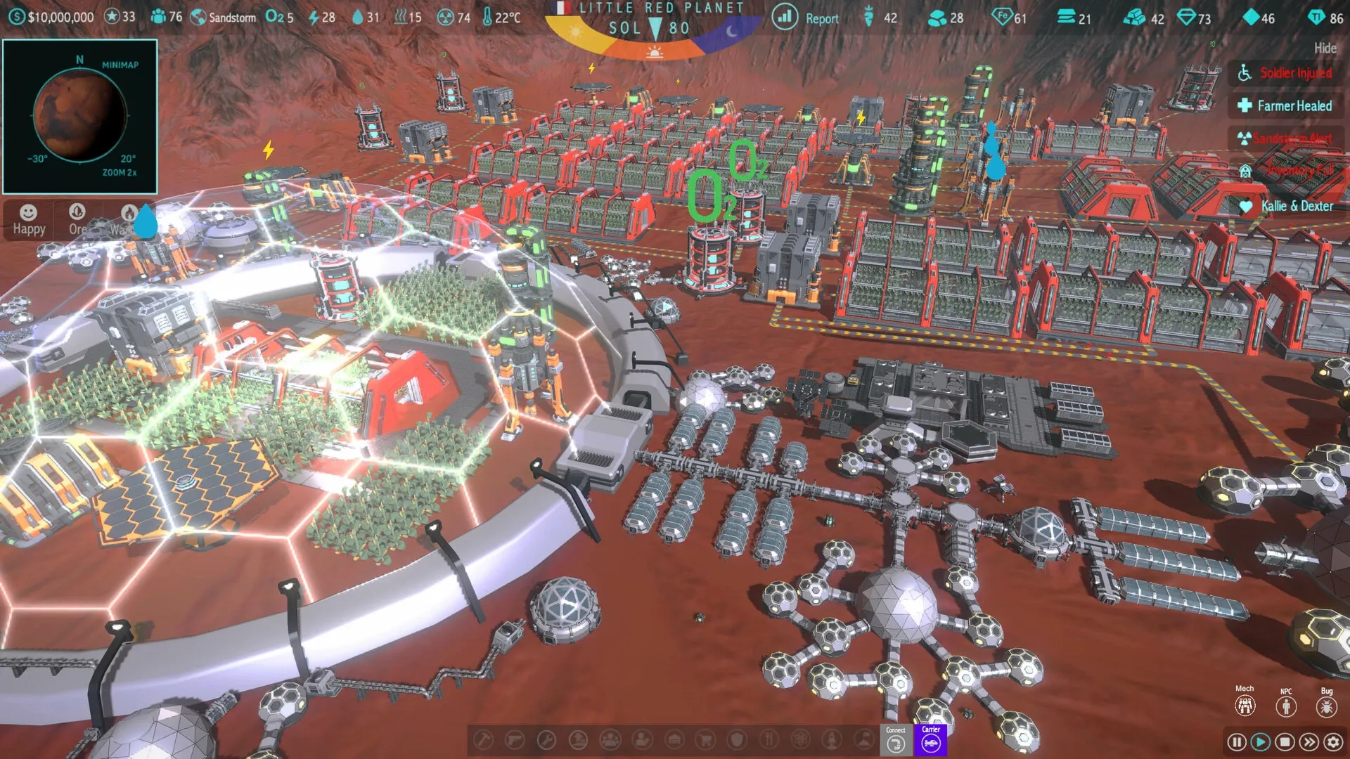 MARS: Colony overview with crop domes, resource buildings, and alert notifications on Martian surface