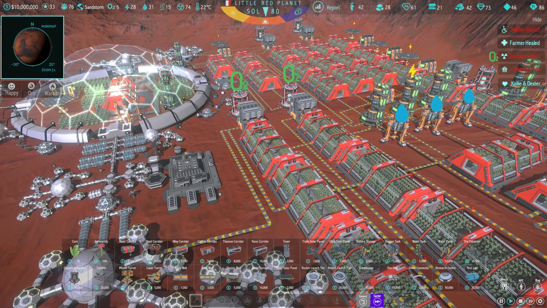 MARS: Colony management interface with resource stats, greenhouses, and defense structures on Martian soil.