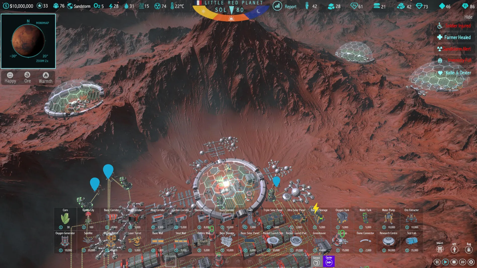 MARS: Colony overview with domes and resource management interface on the red Martian landscape.