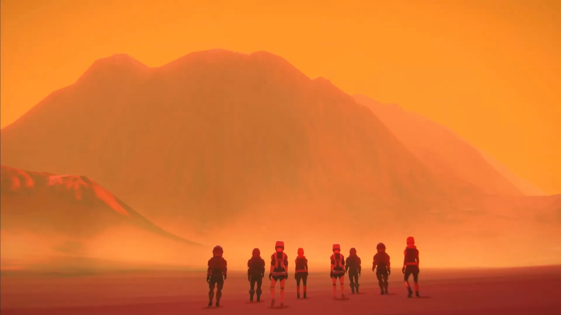 MARS: Group of characters in spacesuits standing on dusty terrain against a backdrop of Martian mountains