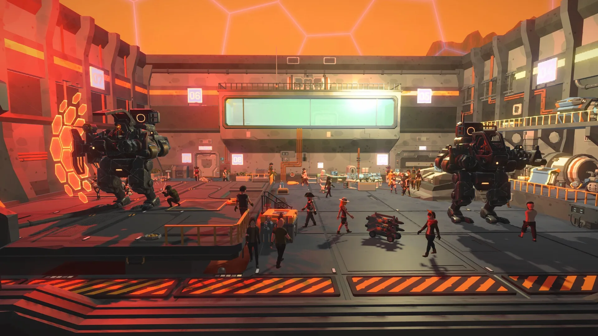 MARS: Colony inhabitants and robots in a busy industrial hub under a glowing orange Martian sky