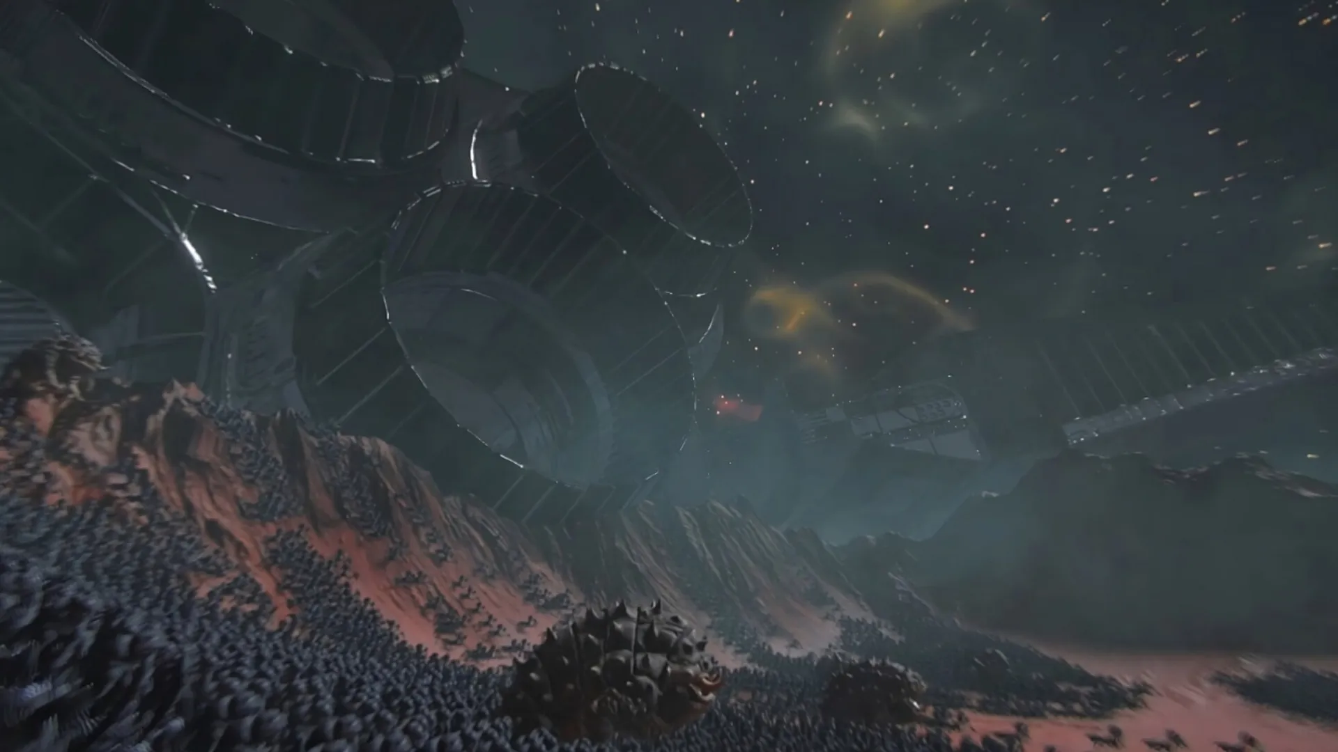 MARS: Massive structures loom over a rugged Martian landscape under a starry sky with mysterious creatures.