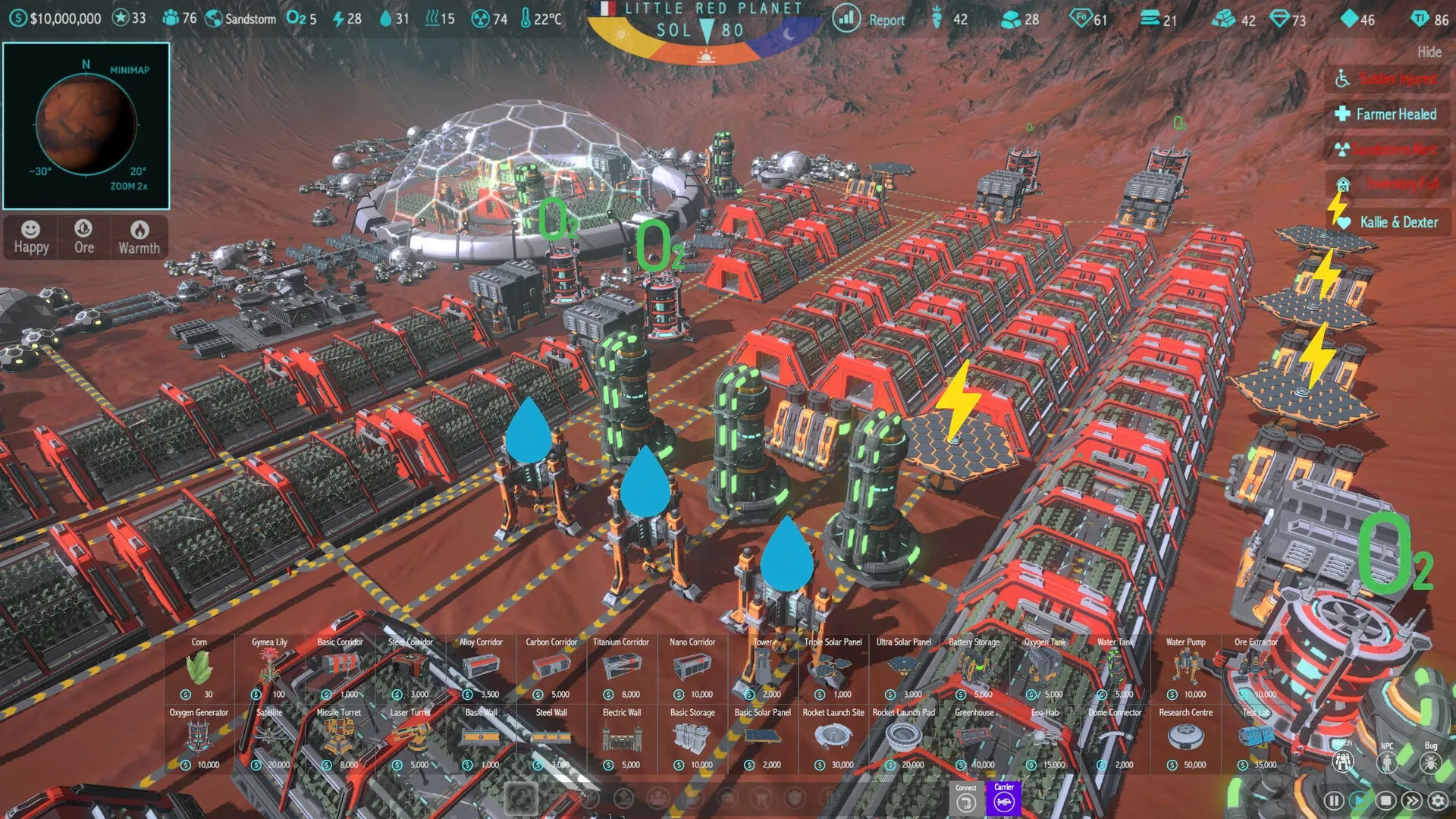 MARS: Colony with greenhouses, solar panels, and resource indicators on Martian terrain