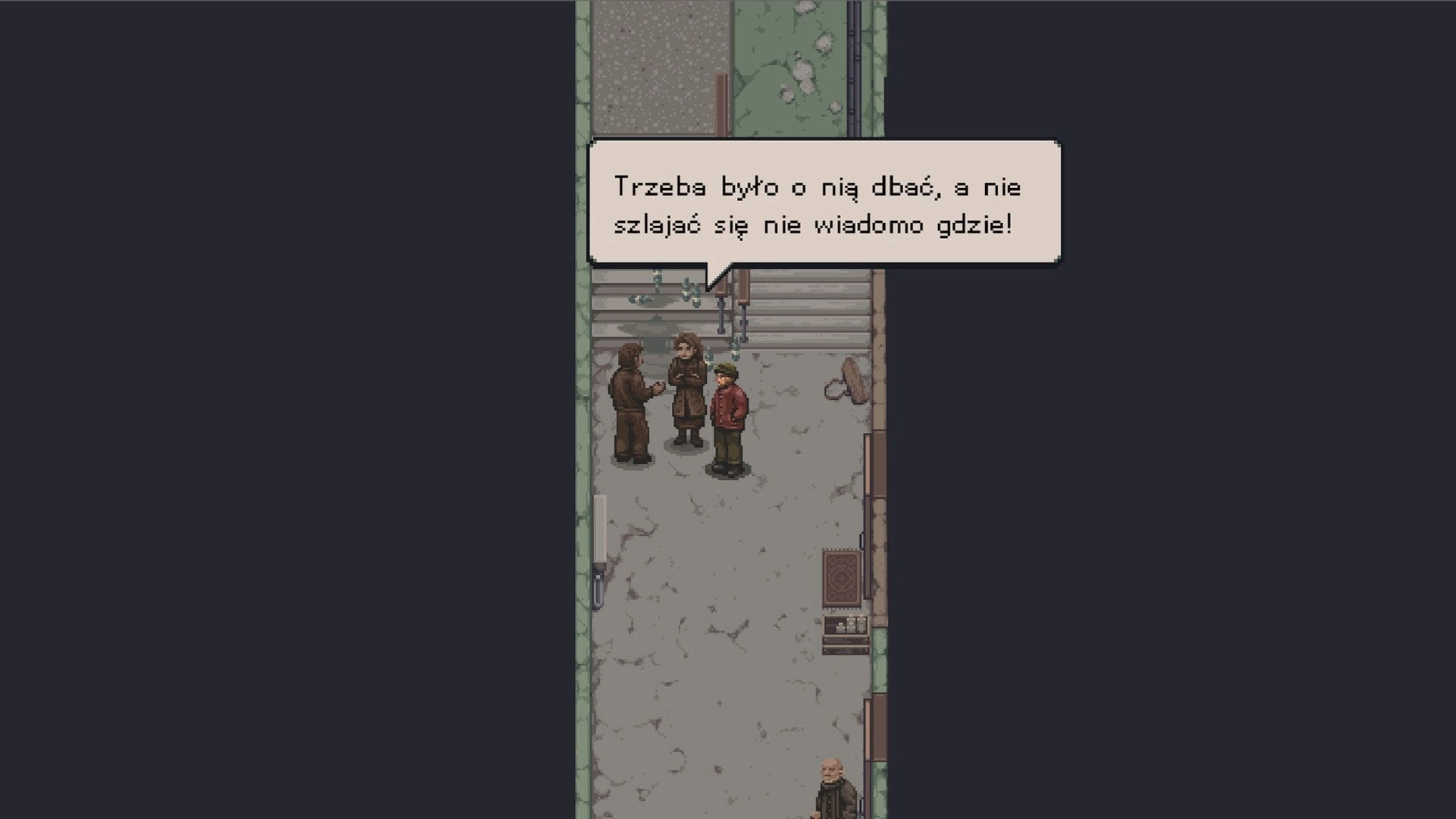 Martial Law: Three characters in conversation on cracked pavement with a speech bubble in urban setting.